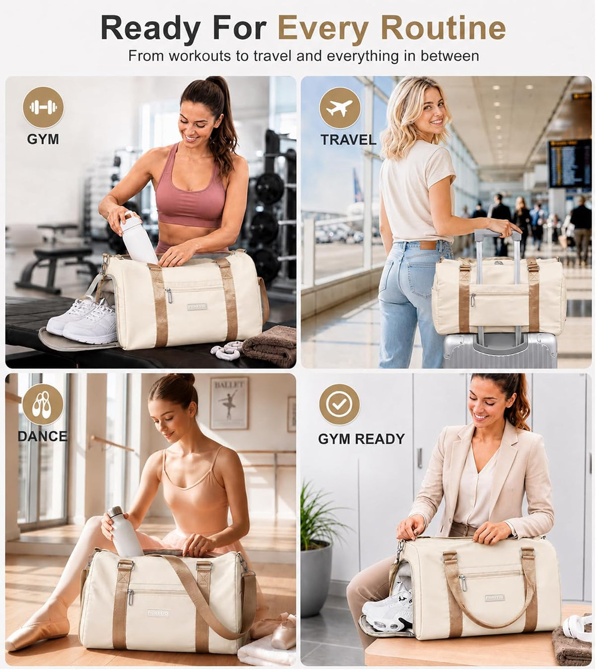 FIORETTO Womens Gym Tote Duffle Bag with Wet Pocket & Shoe Compartment, Sports Duffel Overnight Weekender Hospital Workout Carry on Bag for Girls, Ideal for Travel, Swimming, Dance, Ballet Beige