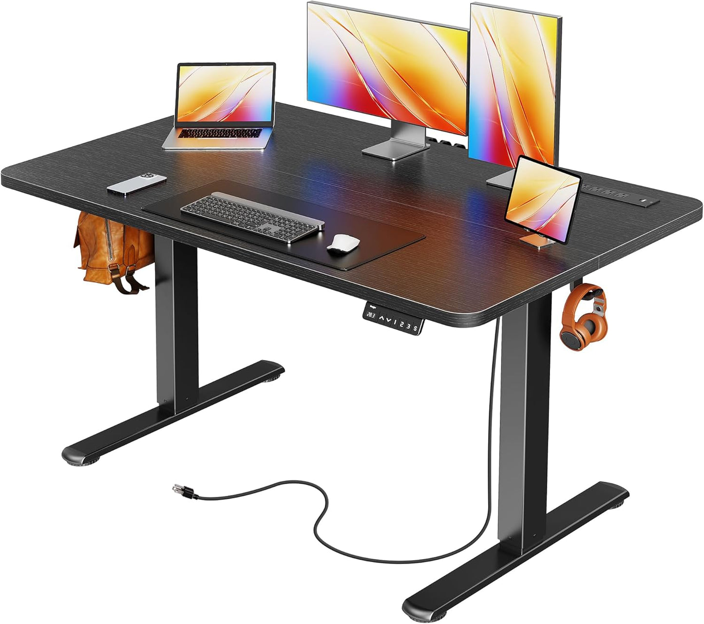 Huuger Electric Standing Desk with Power Outlets and USB-C Port, 47 X 24 Inch Height Adjustable Desk, Sit Stand Desk for Home Office, Computer & Gaming Desk with 4 Presets, Stable Steel Frame, Black