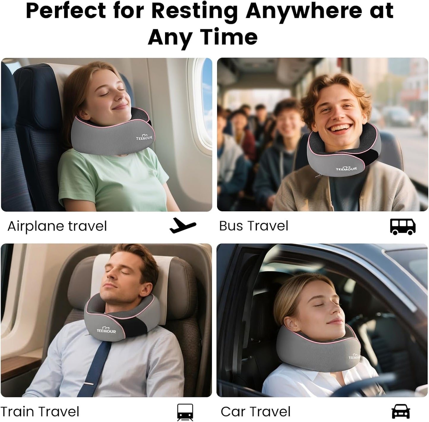 Teemour Travel Neck Pillow Airplane- Upgraded Memory Foam Neck Pillow for Airplanes 360° Support Desing, with Eye Mask & Earplugs, Portable Carry Bag for Long Flights, Business Trip|Travel Essentials