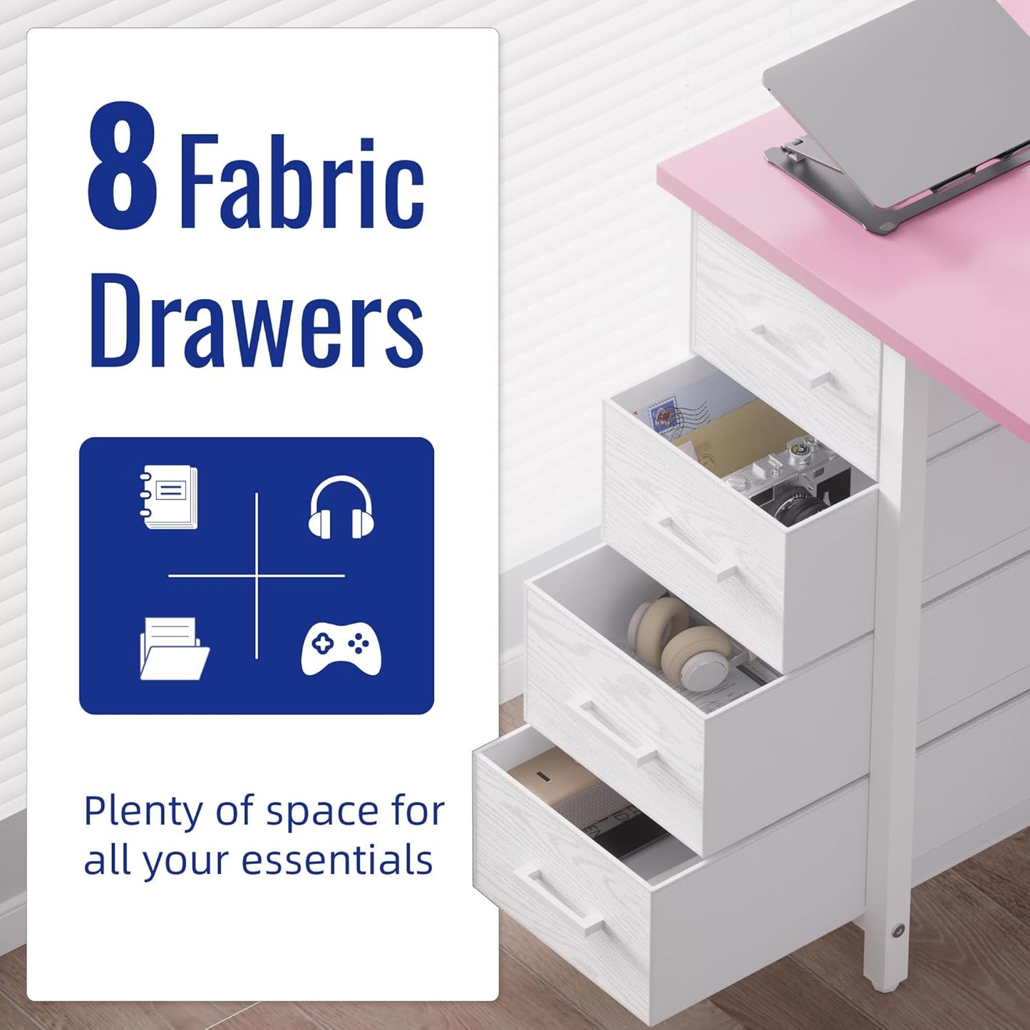 Pamray 47 Inch Computer Desk with 8 Fabric Drawers PC Gaming Desk Home Office Study Work Writing Table for Bedroom White