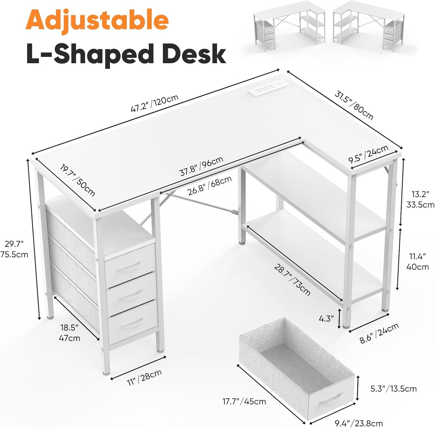 DUMOS L Shaped Desk with Shelf Drawers 47 Inch, White Corner Computer Desks Gaming with Power Outlet, Study Table with Adjustable Shelves, Home Office Tables for Bedroom Teacher Reading Writing
