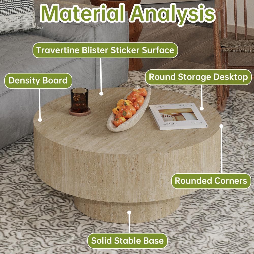Round Fluted Coffee Table (Circle Travertine 29.9in) | Round Drum Coffee Table for Living Room Modern Circular Pedestal Center Table