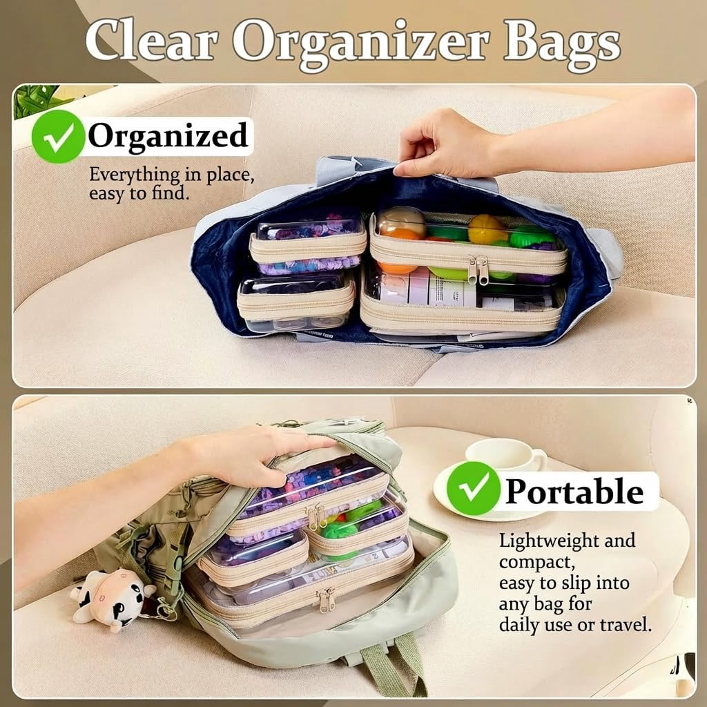 4 pcs Clear Zipper Pouches,Hard Shell Zipper Case, Toiletry Bag for Travel, CLear Diaper Bag, Toiletry Pouch, Travel Organizer, Cosmetic Bag,Toy Storage Bins (M+3S)(Ivory)