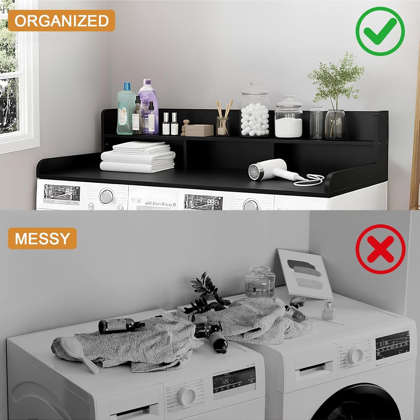Washer Dryer Countertop with Shelf, 2-Tier Laundry Countertop Over Washer and Dryer, 54" x 27.55" Wooden Table for Folding Clothes for Laundry Room Organization and Storage (Black)