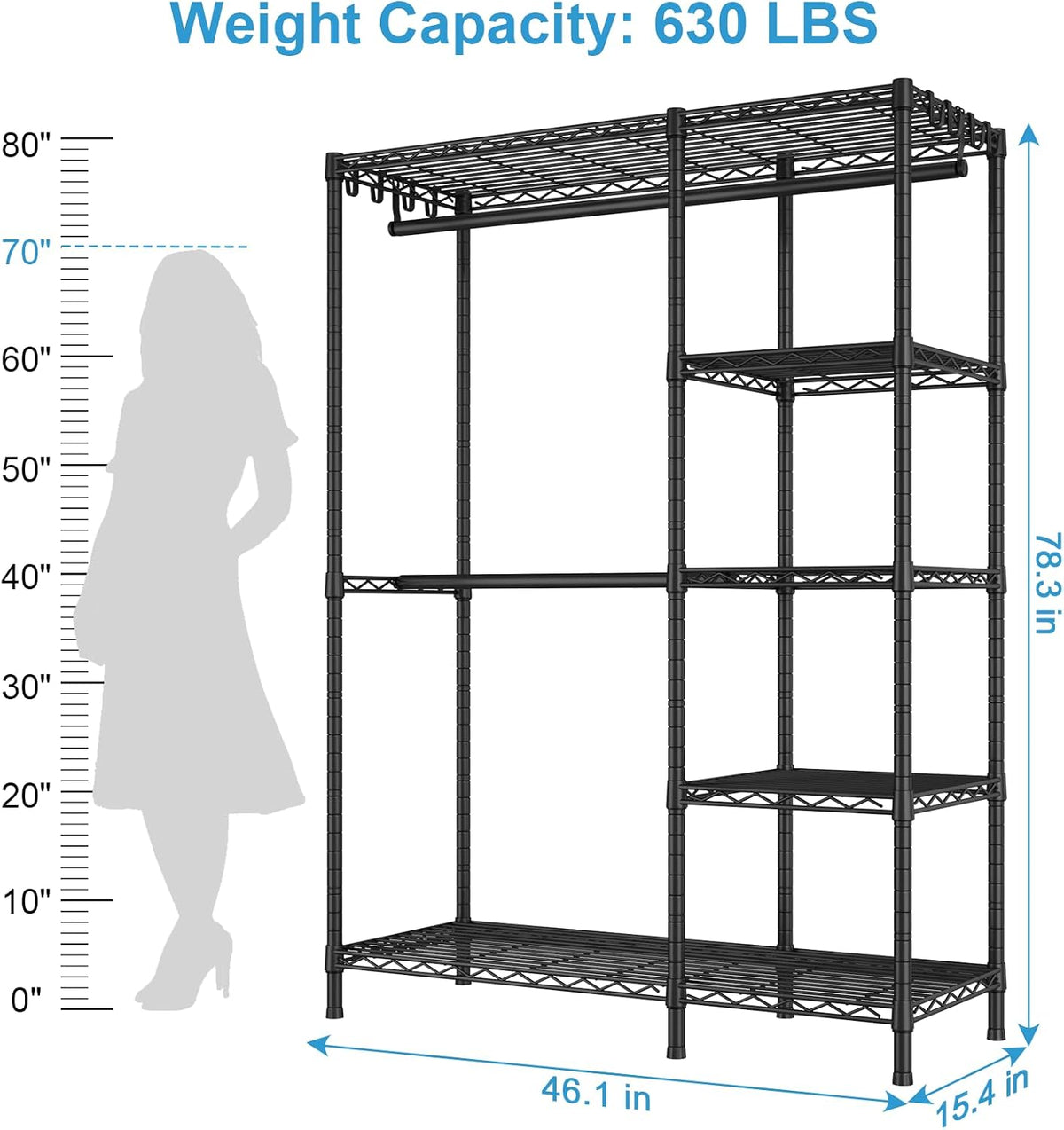 Ulif F2 Clothes Rack, 5 Tiers Heavy Duty Garment Rack for Bedroom | Freestanding Adjustable Closet Storage Organizer, Portable Clothing Wardrobe, 46.1"W x 15.4"D x 78.3"H, Load 630lbs, Black