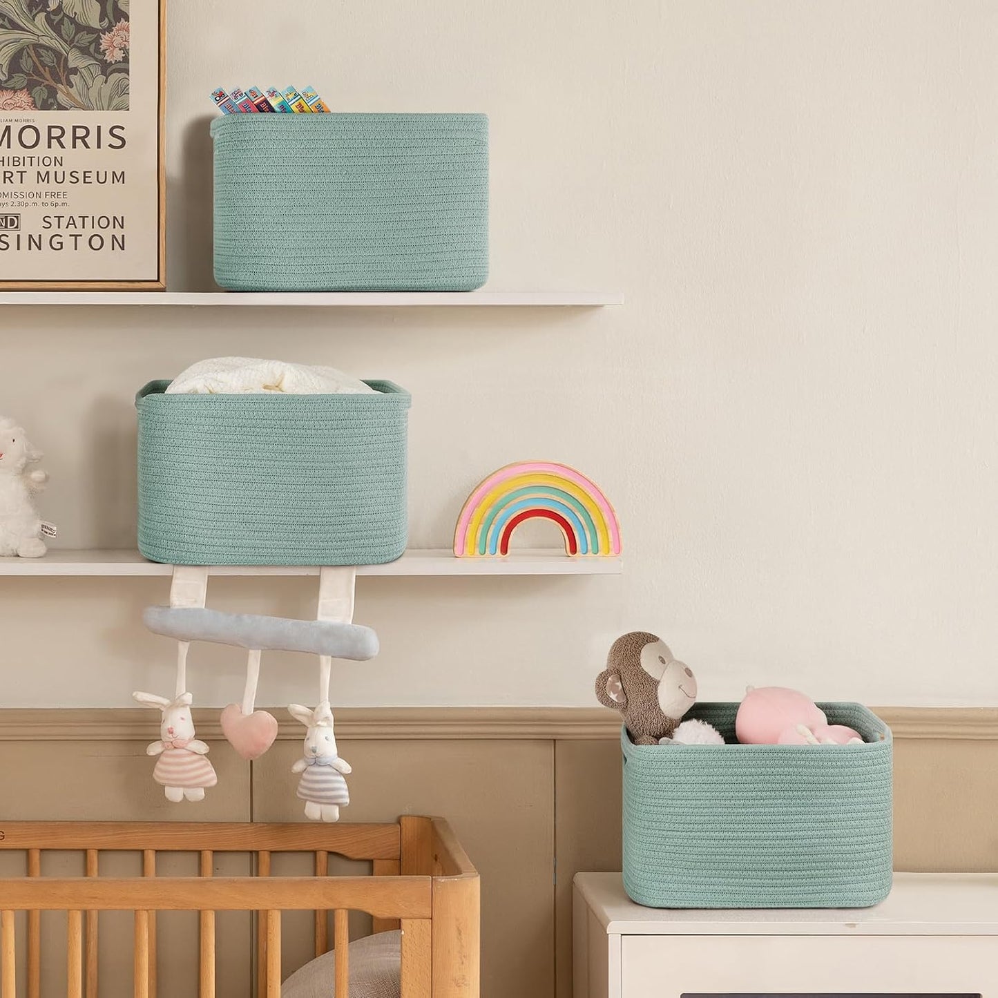 4 Pack Storage Baskets for Organizing Toys, Towels, and Clothes, Woven Basket for Shelves, Sturdy Nursery Cube Bins for Storage, 13''L x9''W x7.8''H, Frosty Green