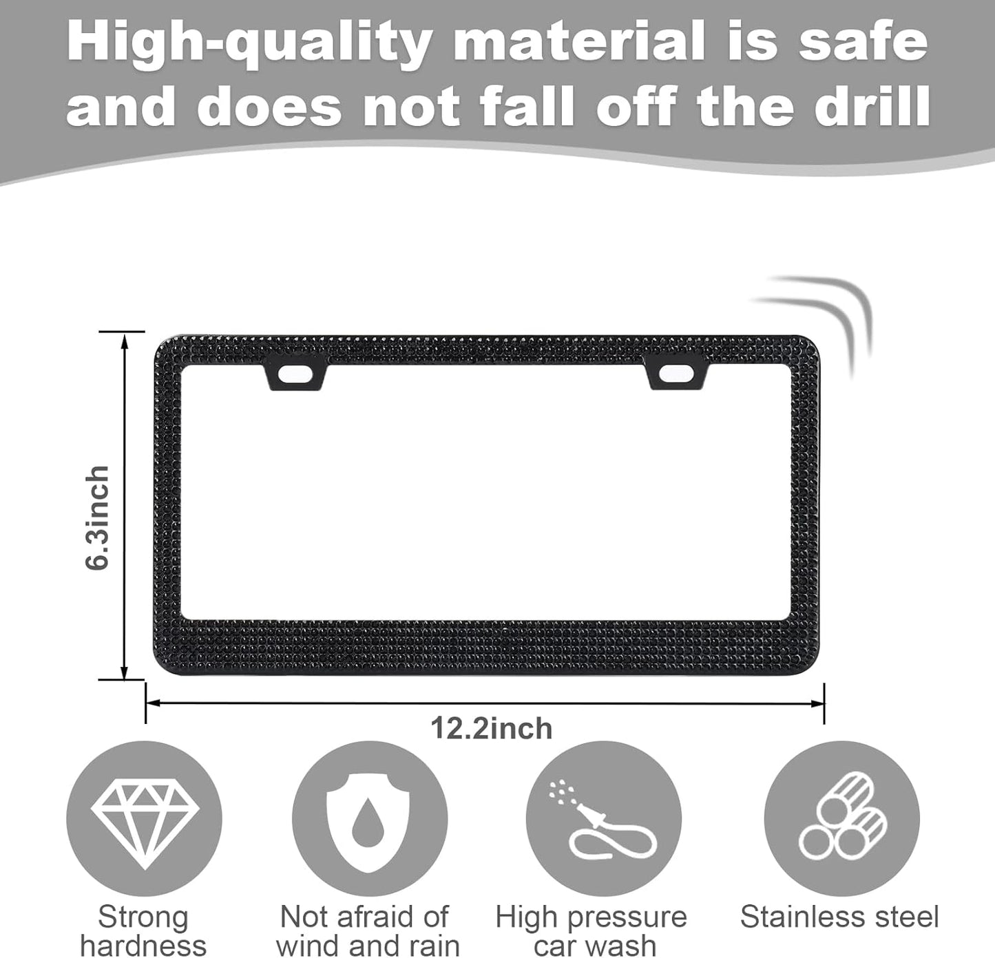 QUANQIUFEI 2 Pack Bling License Plate Frames for Women, Sparkly Rhinestone Diamond Car Accessories with Glitter Crystal Caps (Black)