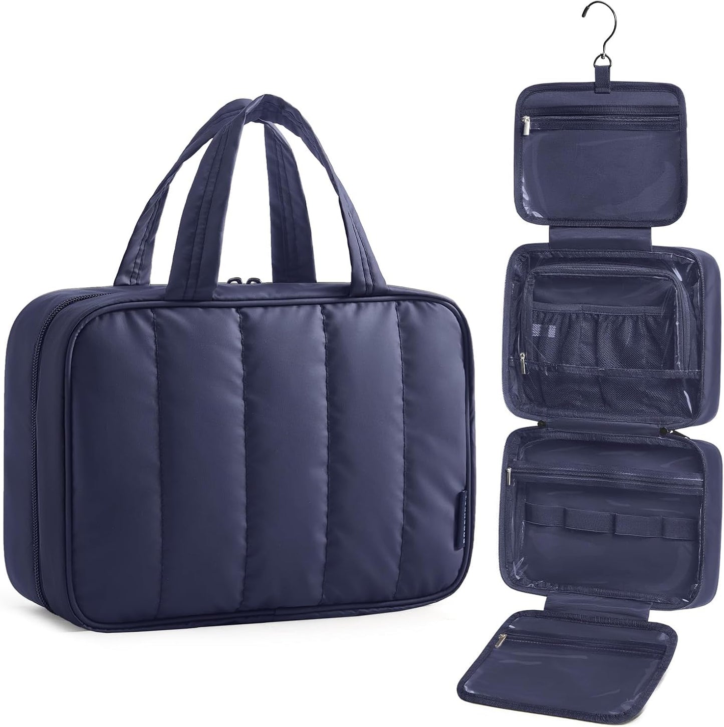 BAGSMART Travel Toiletry Bag for women, Portable Hanging Hook Makeup Bag Organizer, Waterproof Makeup Cosmetic Bag, for Full-Size Accessories, Toiletries,Navy Blue