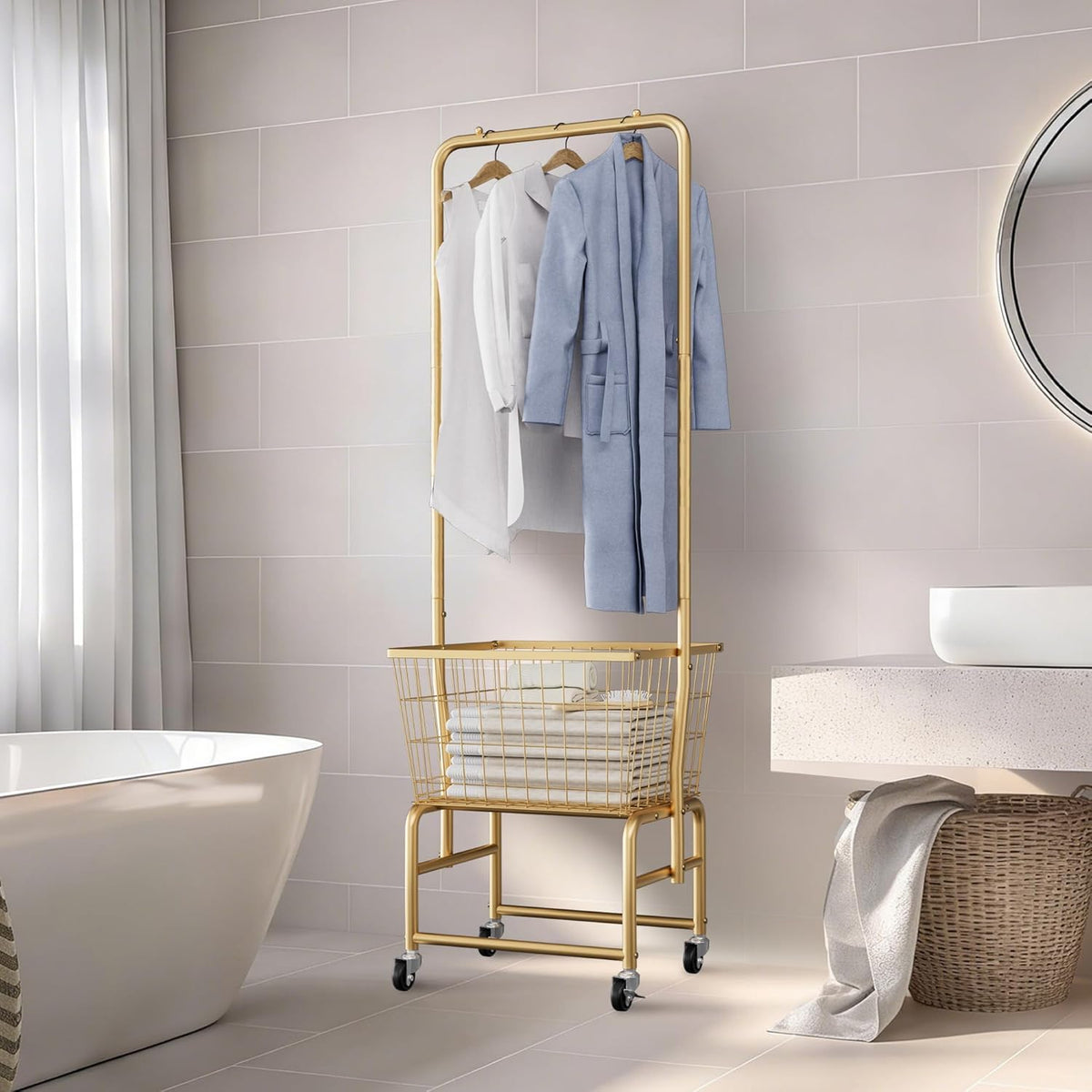 Rolling Laundry Cart with Wheels, Laundry Hamper Basket Organizer with Clothes Hanging Rack, Wire Storage Cloth Shelf Butler, Golden