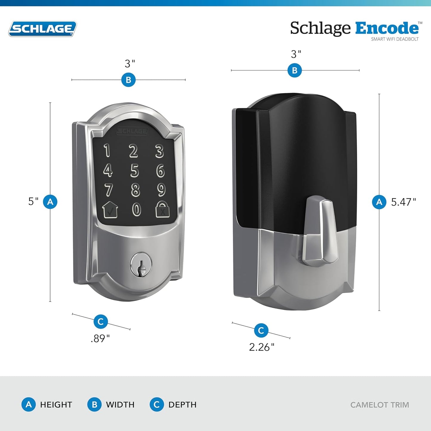 Schlage Encode Smart Wi-Fi Deadbolt Lock with Touchscreen Keypad, Keyless Front Door Entry, App Control, Alexa, Google Home and Airbnb Compatible, Bright Chrome, BE489WB CAM 625