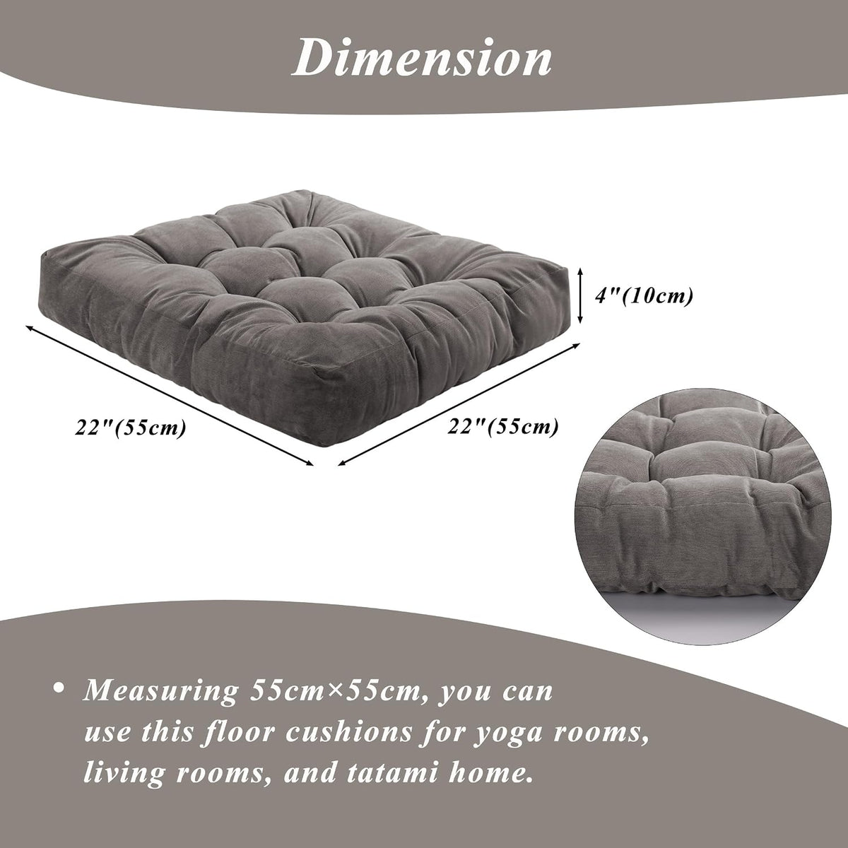 Meditation Floor Pillow 22×22 Inch 1 Pack Large Floor Cushions for Adults Square Tufted Corduroy Floor Pillows for Yoga Living Tatami Room Grey
