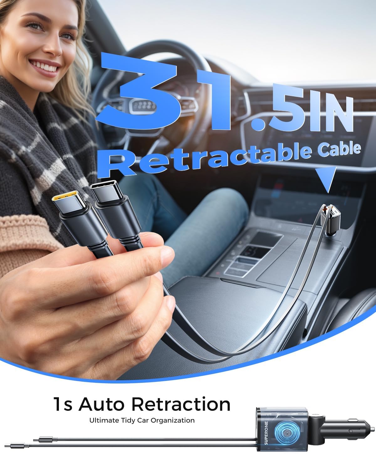 SUPERONE 6 in 1 Retractable Car Charger with Dual Type C Cables, 99W Ultra-Compact USB C Car Accessories Adapter with 4 USB Ports, Fast Charging Car Charger for iPhone 17/16/15/14/13/12, Galaxy, iPad