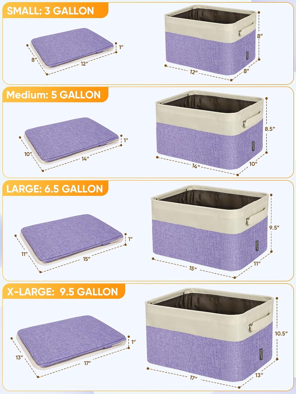 BALEINE 4 Pack Fabric Closet Storage Bins for Shelves, Linen Closet Organizers and Storage, Decorative Baskets for Organizing, Shelf, Clothes, Home, Office (Lavender, 12"x8"x8")