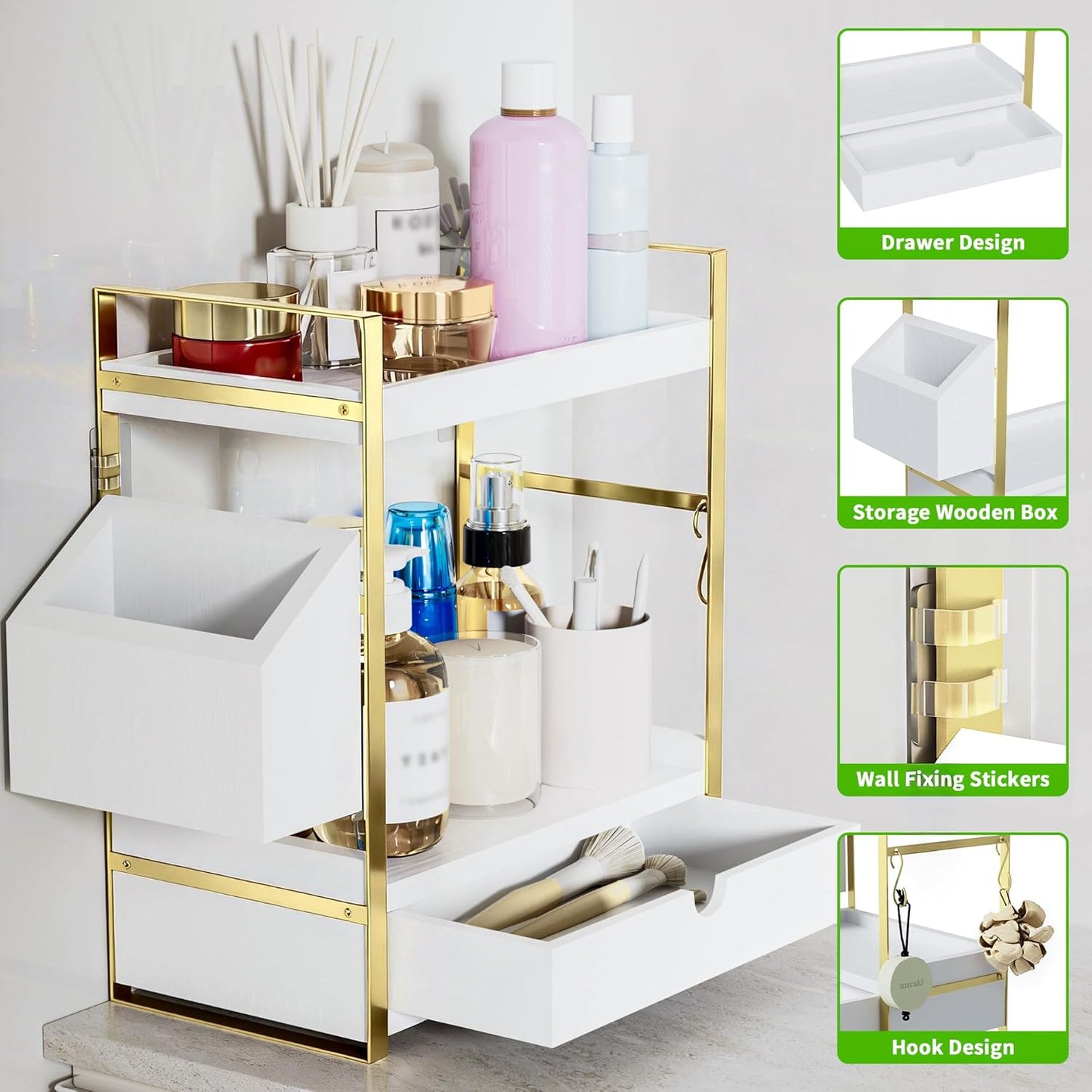 2-Tier Bathroom Counter Organizer with Drawer and Basket, Wood Countertop Organizer for Storage, Skincare Organizers for Vanity, Counter Shelf for Bathroom Organization(White-gold)