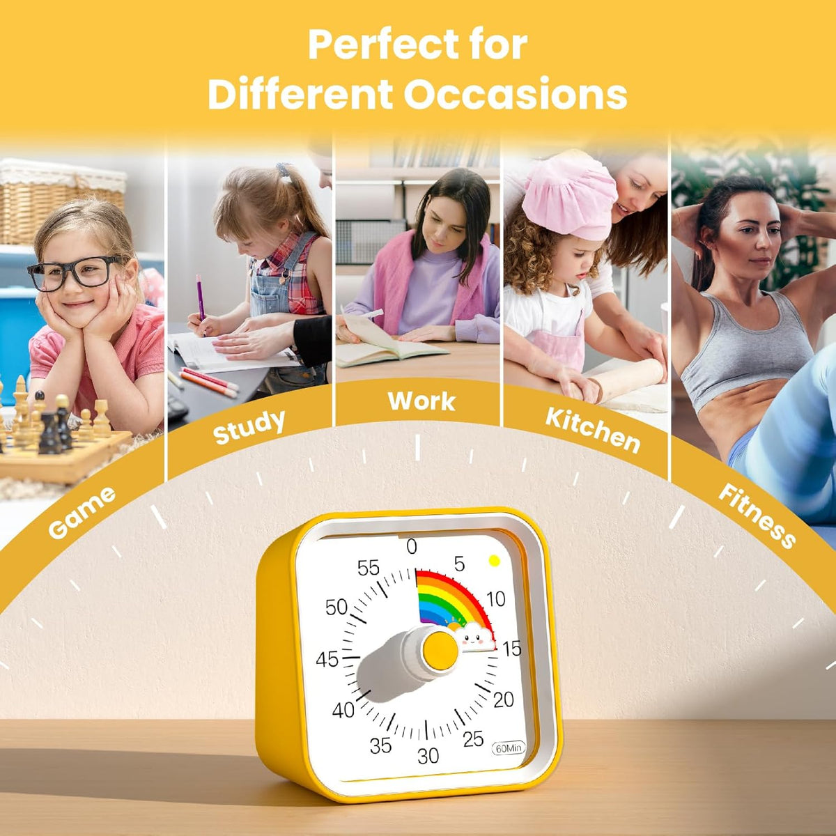 Visual Timer for Kids, Rainbow Timer with Pause Function, Yellow
