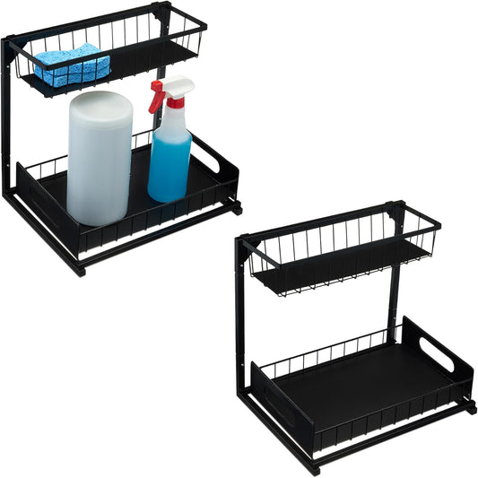 Amazon Basics L-Shape Under Sink Storage Pull Out Cabinet Organizer, Space-Saving Design, Durable and Rust-Resistant, Black, Pack of 2