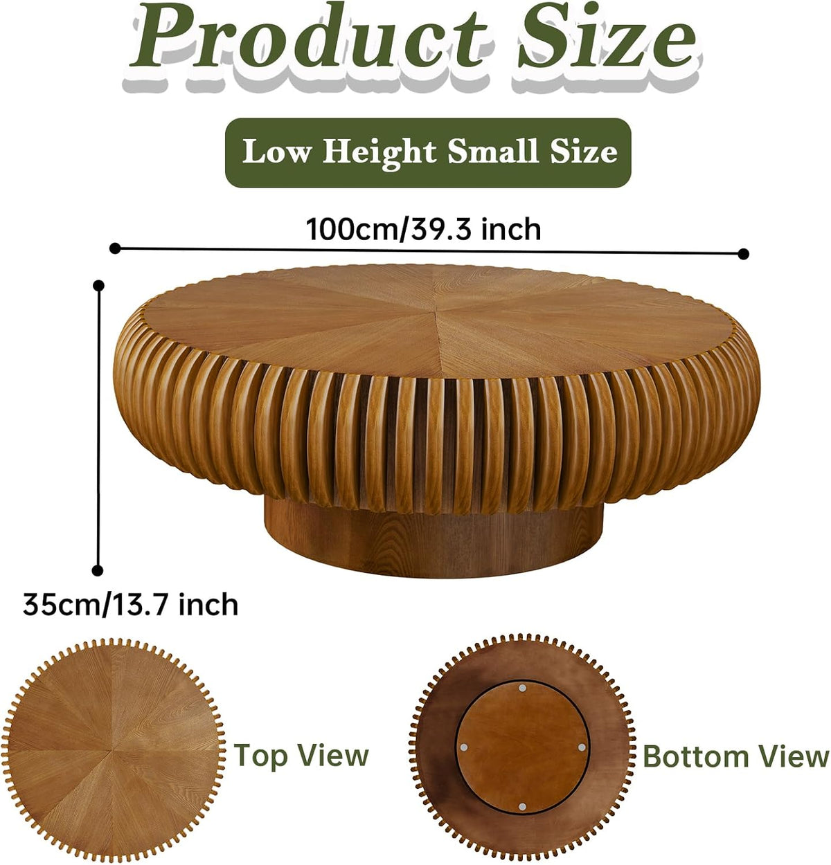 39 inch Brown Round Fluted Wood Drum Coffee Table (J, 1PC)