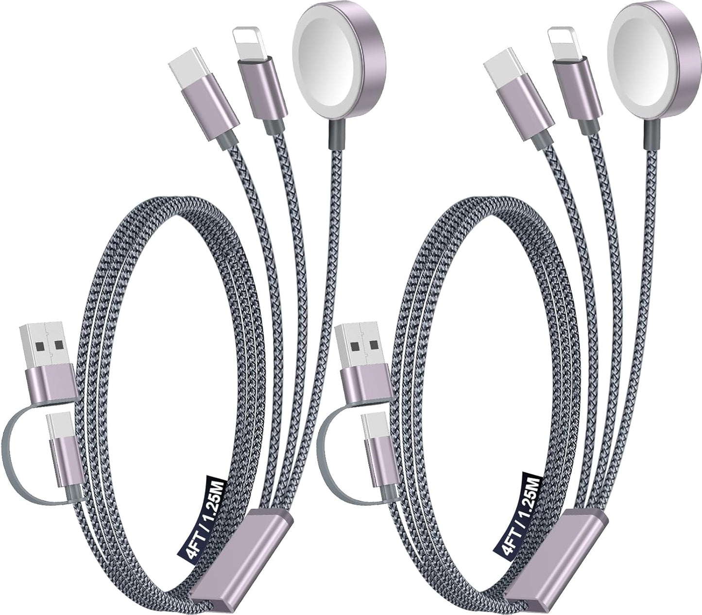 2Pack Multi Charging Cable Cord for Travel Essentials,Apple Watch Charger,iPhone Charger,[3-in-2] Type C/L Cable Portable Designed for iWatch,iPhone 17-8,Galaxy S26-21,Xbox Series X&S,iPad-4FT