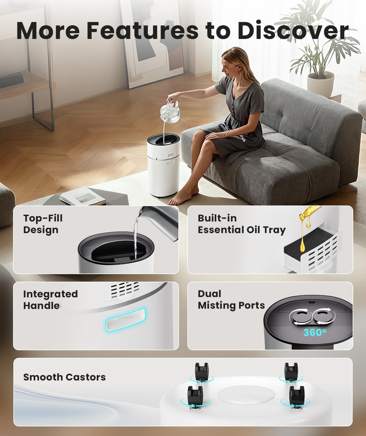 AreShark 4.2 Gal/16L Humidifier Large Room, Cool Warm Mist 2000ft² Whole House Air Humidifiers for Bedroom, Plants, Adults, 60H Runtime, Humidity Setting, Easy to Clean, Top Fill, Extension Tube