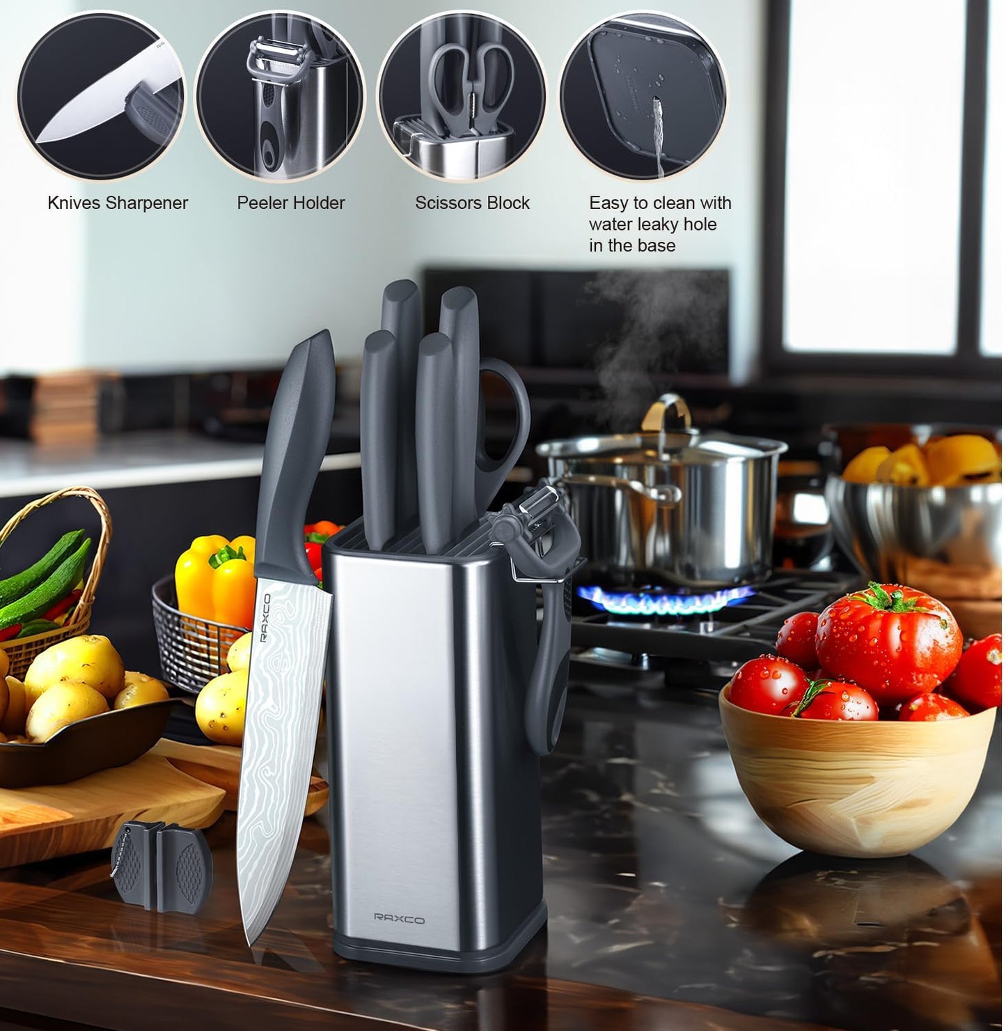 RAXCO 10-Piece Kitchen Knife Set | Stainless Steel Holder | Compact Design - Gray
