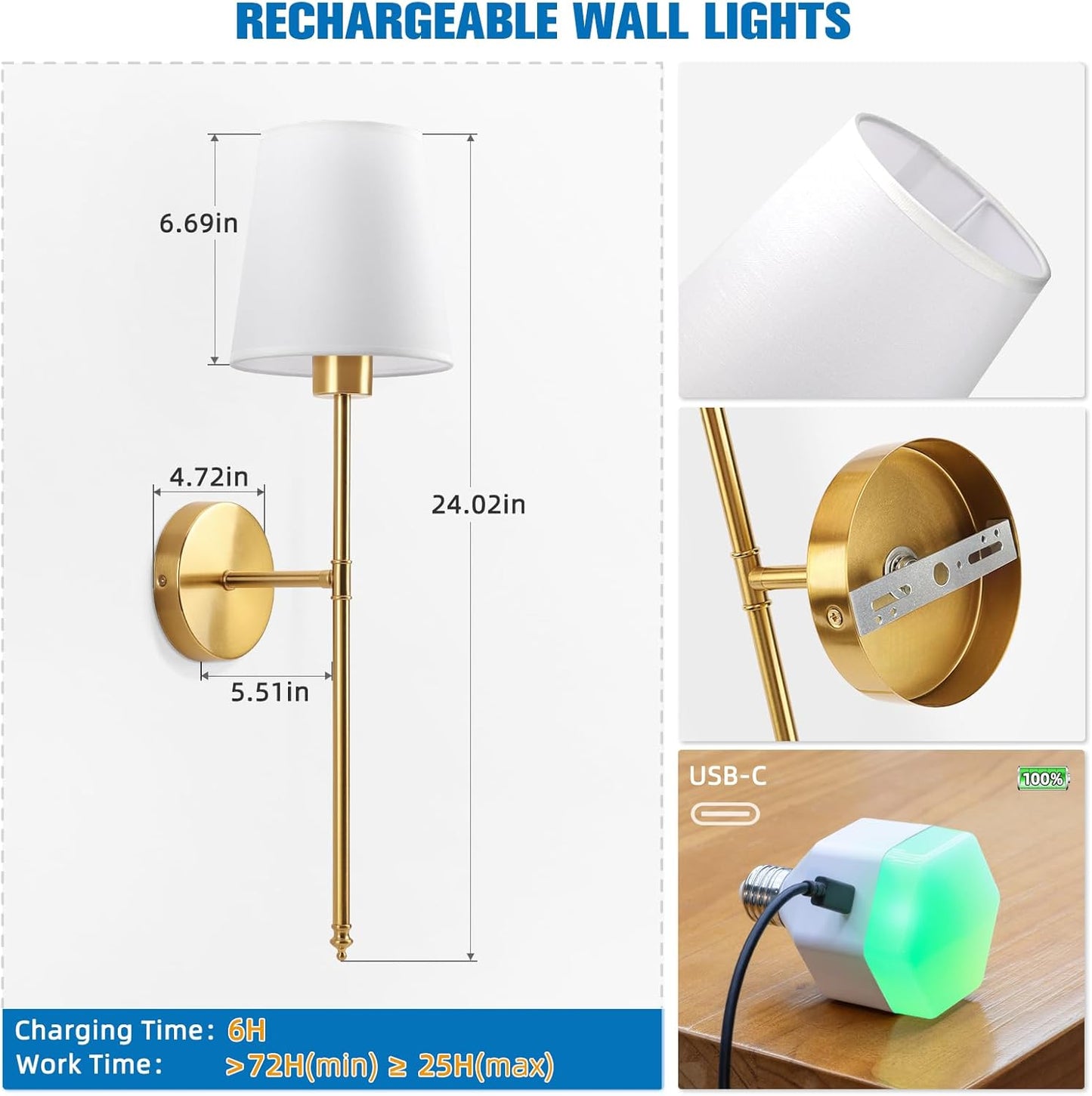NIORSUN Battery Operated Wall Sconce Set of 2,Gold Rechargeable Wall Lights with 10400mAh Dimmable Bulbs and Remote,10 Colors Wireless Wall Lamps for Bedroom Living Room Hallway Decor