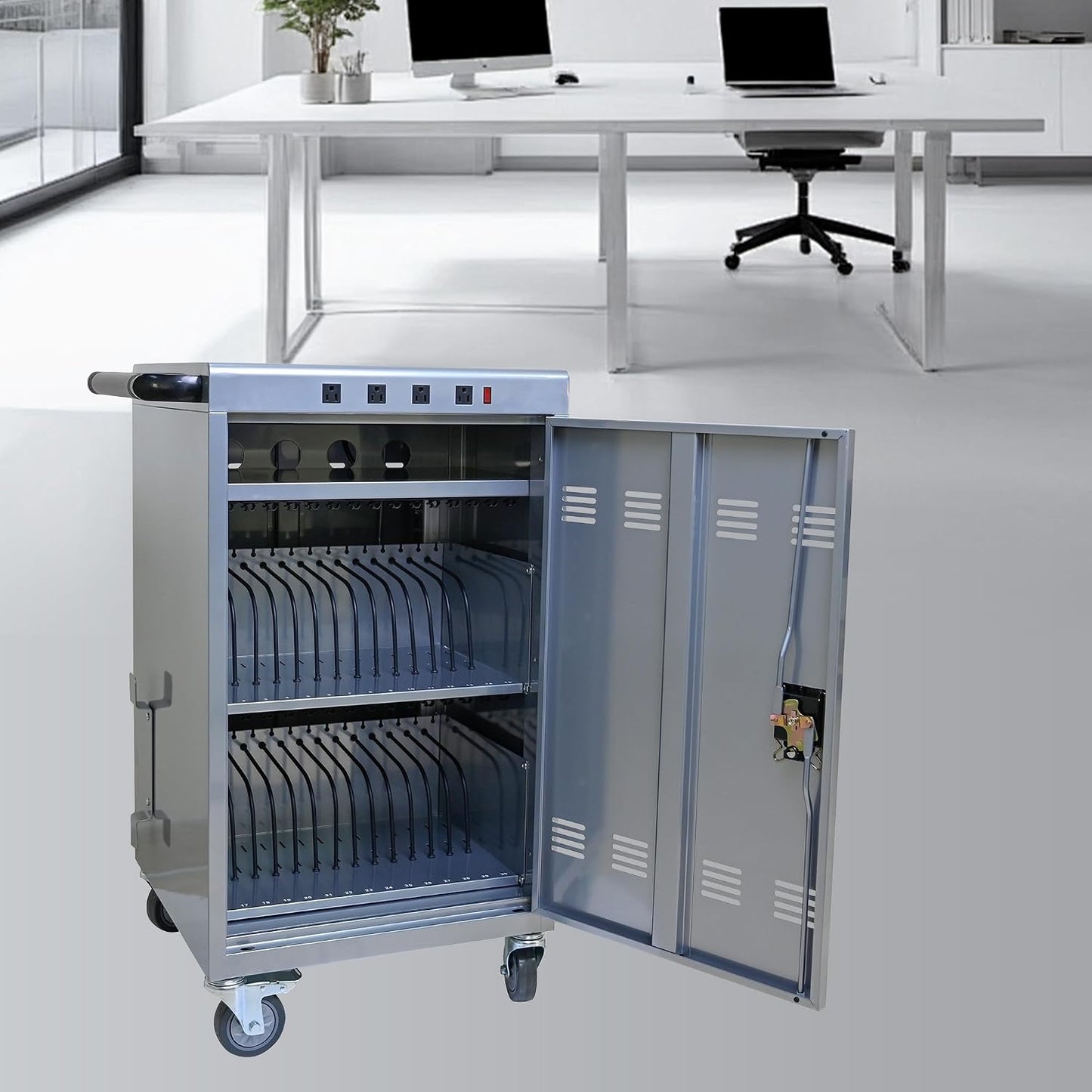 35-Bay Mobile Charging Cart with 31+4 Ports, Silver | Laptop Storage, 31+4 Charging Ports, Cord Management, Access Lock, for iPads/Chromebooks, for School/Business