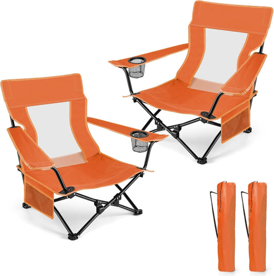 HaSteeL Folding Beach Chair Set of 2, Foldable Orange Camping Chairs for Outside, Low Beach Chair Portable for Adults Fishing, Picnic, Outdoor BBQ, Travel, Sports, Cup Holder & Storage Bag