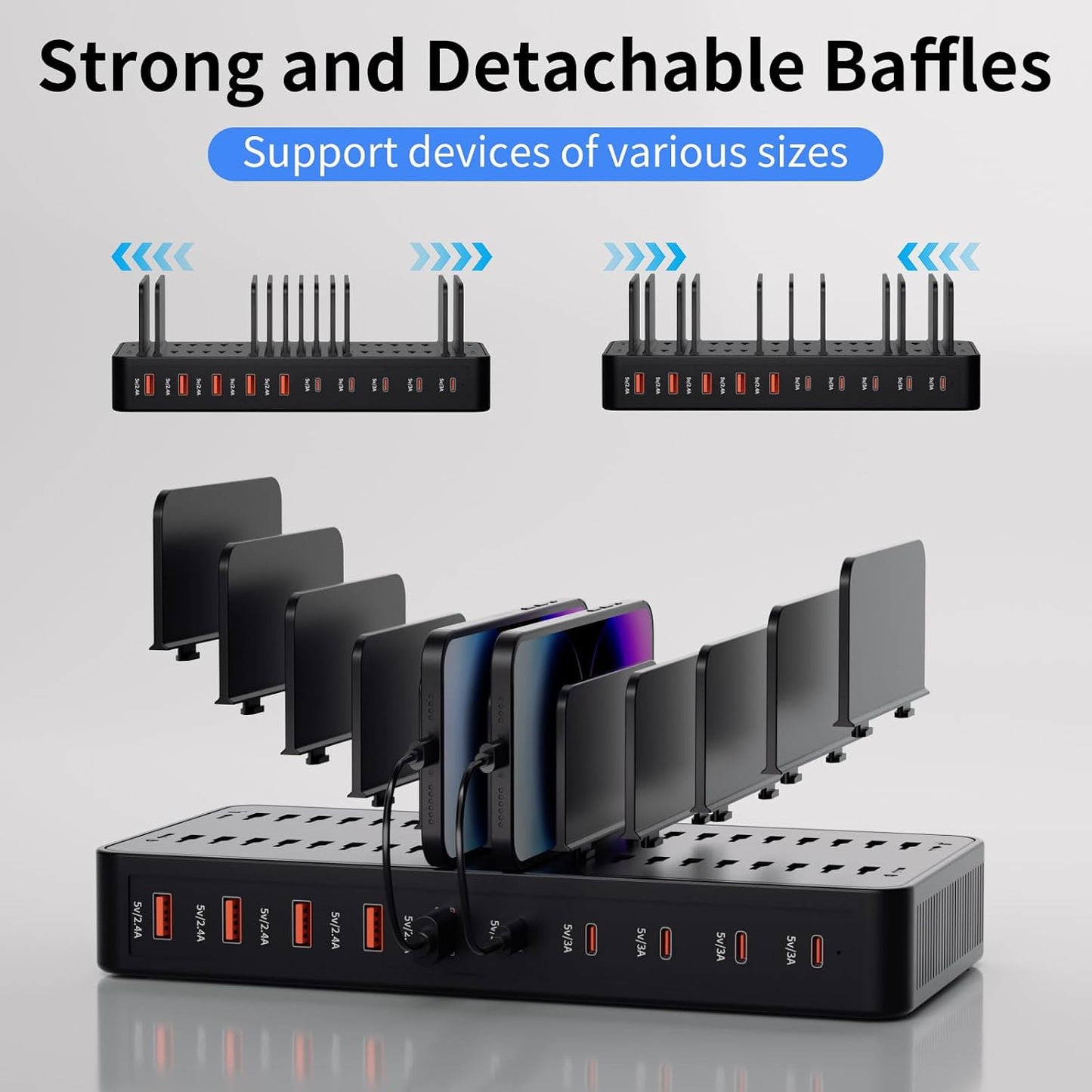 60W Charging Station for Multiple Devices, 10-Port USB Fast Charger | Device Organizer Charging Dock with 10 Mixed Charging Cable & Adjustable Dividers for iPhone, Android, iPad, Tablets & More