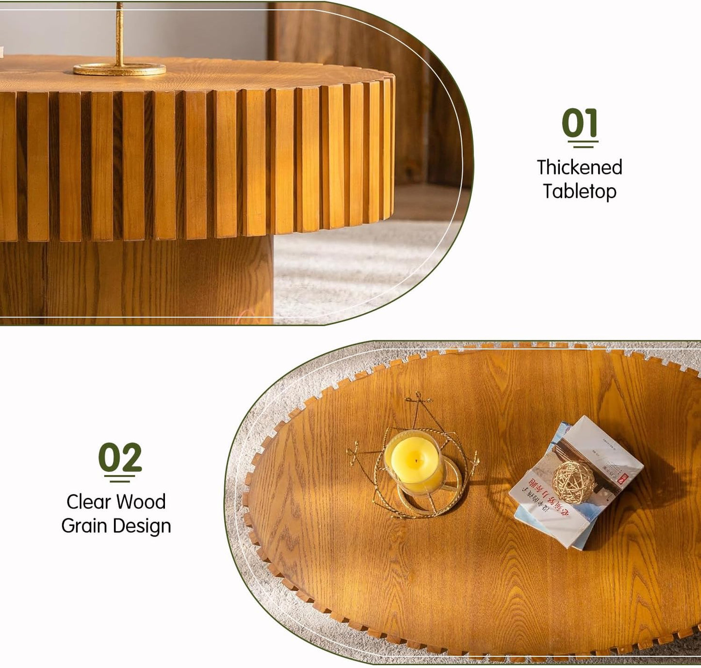 Light Brown Oval Fluted Coffee Table for Living Room (43"Oval Natural) | Handcrafted Relief Wood, Drum Coffee Table for Office Outdoor