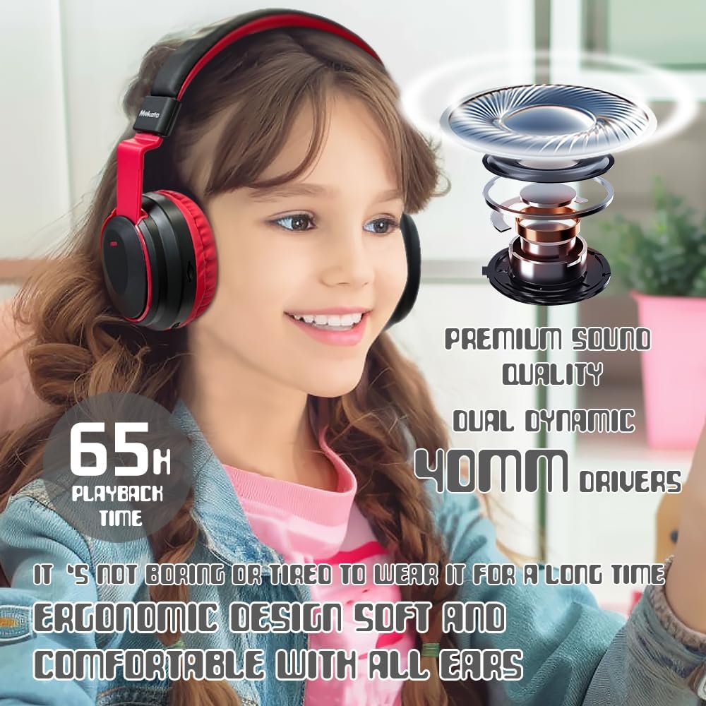 Mokata Kids Headphones Bluetooth 5.3 Wireless Lightweight Fast Charging 68 Hours Play Time Volume Limited 85/94dB Over Ear Foldable with Built-in Mic for Toddler Boy Girl Tablet Pad Black