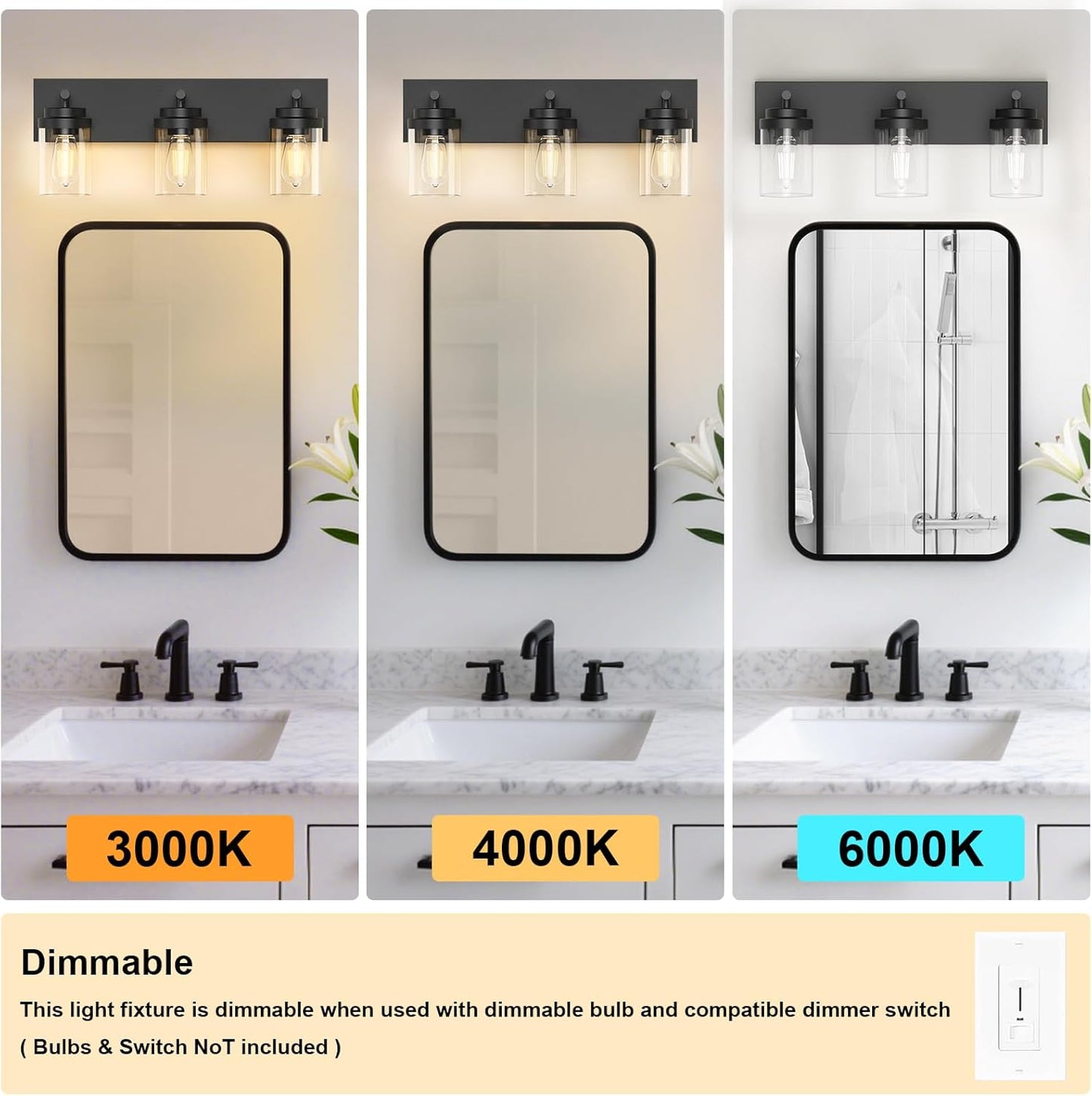 IZORRO Bathroom Vanity Light Fixture, 3-Light 22 Inch Matte Black Bathroom Light Fixtures Over Mirror, with Clear Glass Shade, Modern Farmhouse Vanity Lights, Rustic Restroom Lighting Fixtures