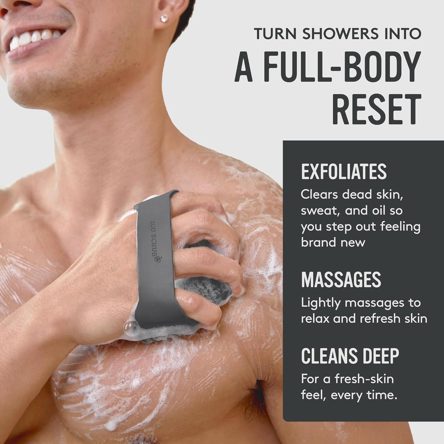 Sud Scrub® Antimicrobial Silicone Body Scrubber, Exfoliating Body Brush for Sensitive Skin, Antibacterial Shower Scrubber for Body, Bathroom Essentials for Men & Women, Charcoal
