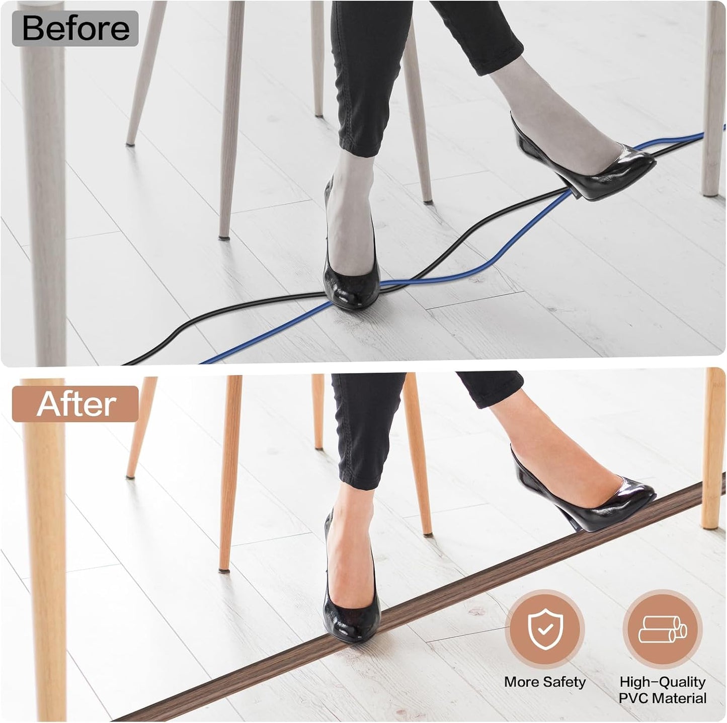 LSGCQ Floor Cord Cover Self Adhesive Cord Hider Floor Cable Management | Cord Covers for Wires on Floor Cable Cover, Prevent Cable Trips, Cable Cavity 0.59" W x 0.31" H, 3.3Ft, Smoked Brown Wood