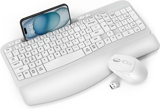 Wireless Keyboard and Mouse Combo, Full-Sized Ergonomic Wave Keys Keyboard with Memory Foam Wrist Rest & Phone Holder, 2.4G Quiet Keyboard Mouse Work Setup for PC Laptop, Office or Home (White)