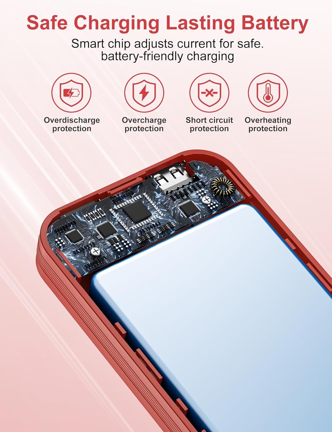citicr Portable Charger Power Bank, 10000mAh PD20W USB C Fast Charging with Built-in Cables & Wall Plug, 5-in-1 Battery Pack with LED Display, Ultimate Travel Essential for iPhone, iPad, Samsung Red