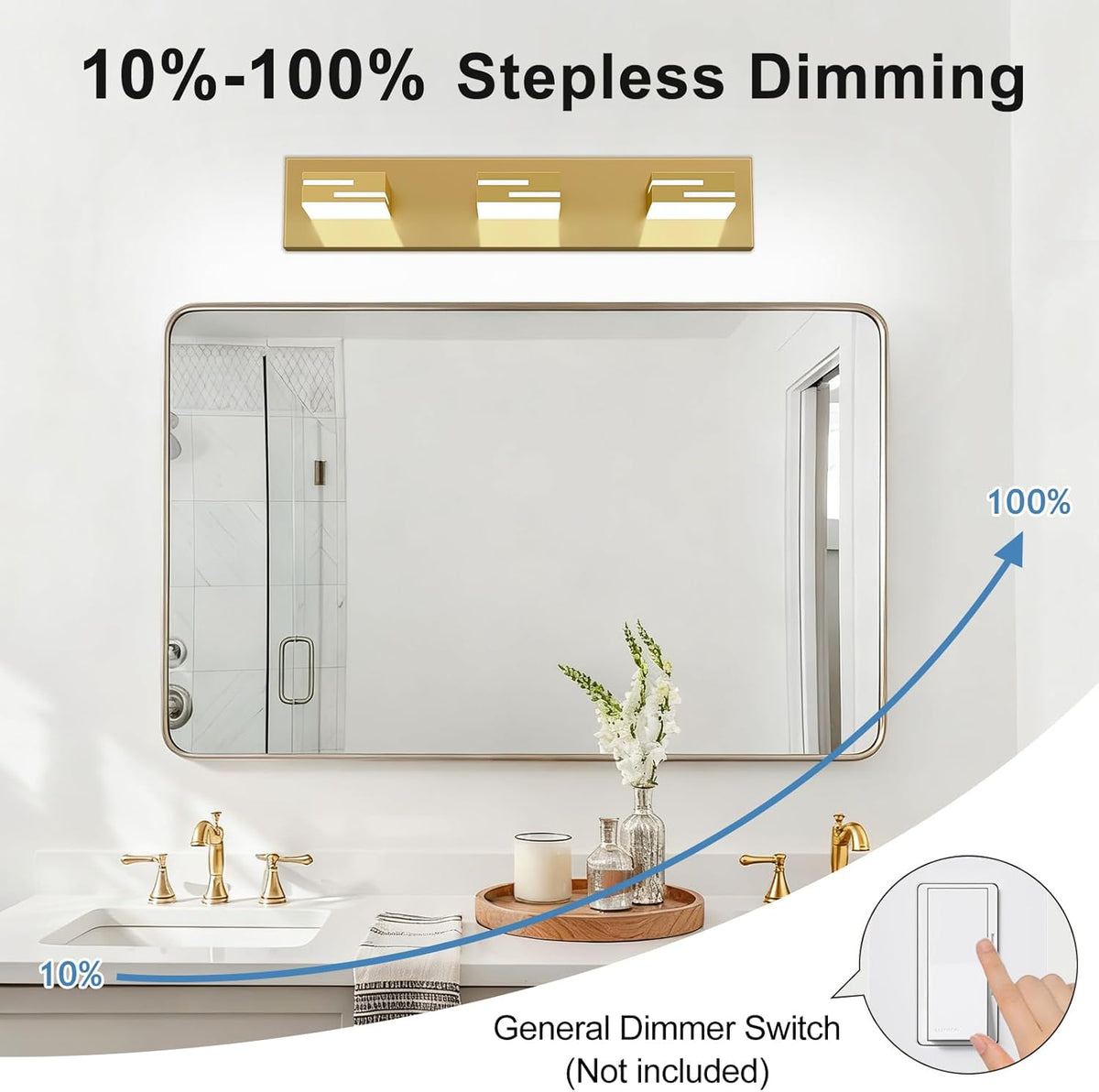 LED Modern Bathroom Vanity Light Fixtures, Dimmable Gold Vanity Lights for Bathroom Lighting Fixtures Over Mirror, with 360° Rotatable Heads 3-Light 22-inch (Cool White 6000K)
