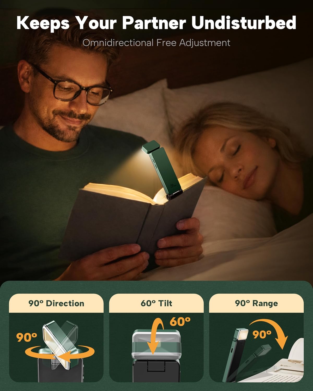 86lux Book Light, Rechargeable Clip-On LED Reading Light for Bed & Night Use - 3 Color Temperatures with Stepless Dimming, Ultralight Bookmark Design for Kids, Book Lovers, Green