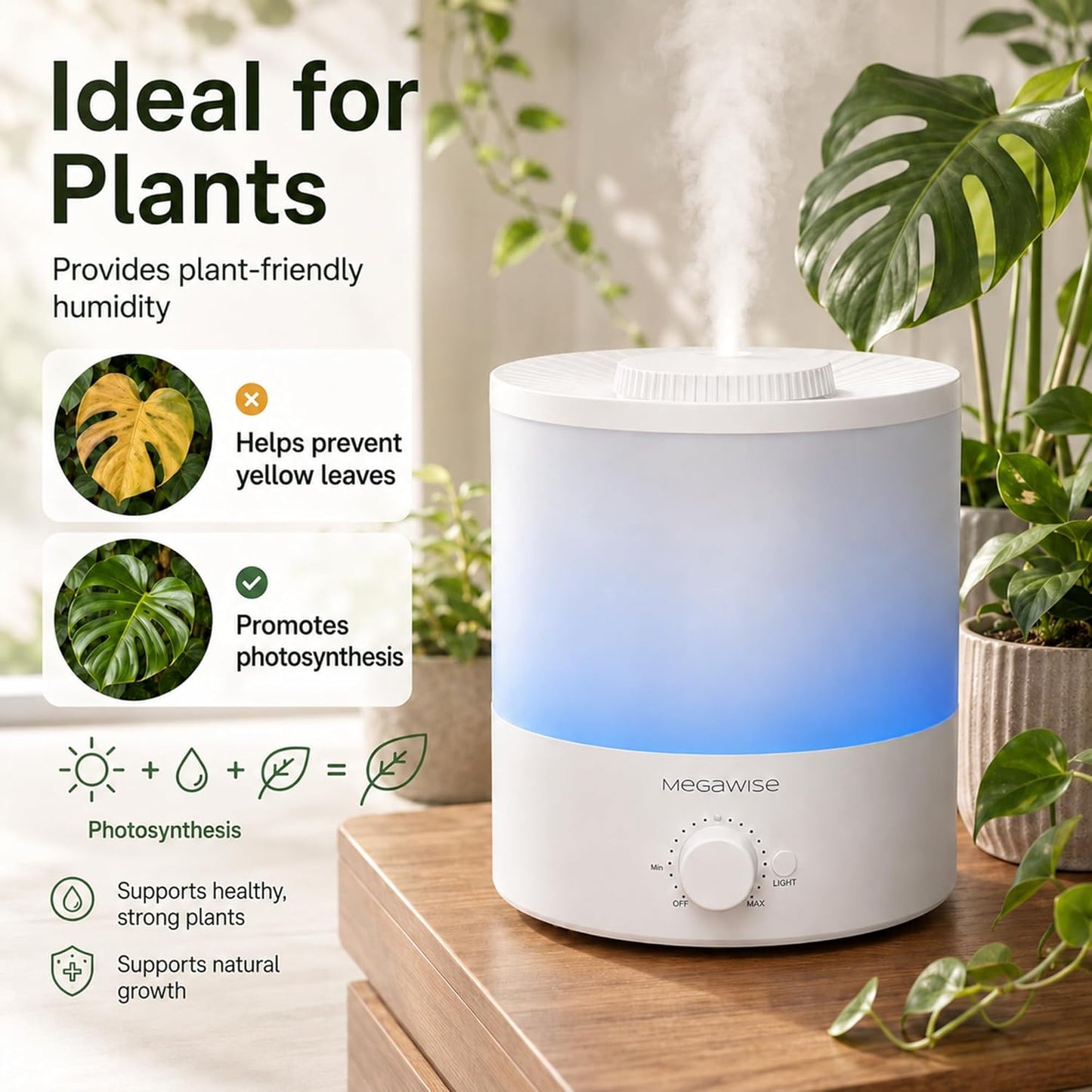 MegaWise Ultrasonic Cool Mist Humidifier SK7620 - 1.5L Capacity, Whisper-Quiet Operation, Adjustable Mist Output, Auto Shut-Off - Ideal for Home, Office, Baby Room, and Bedroom