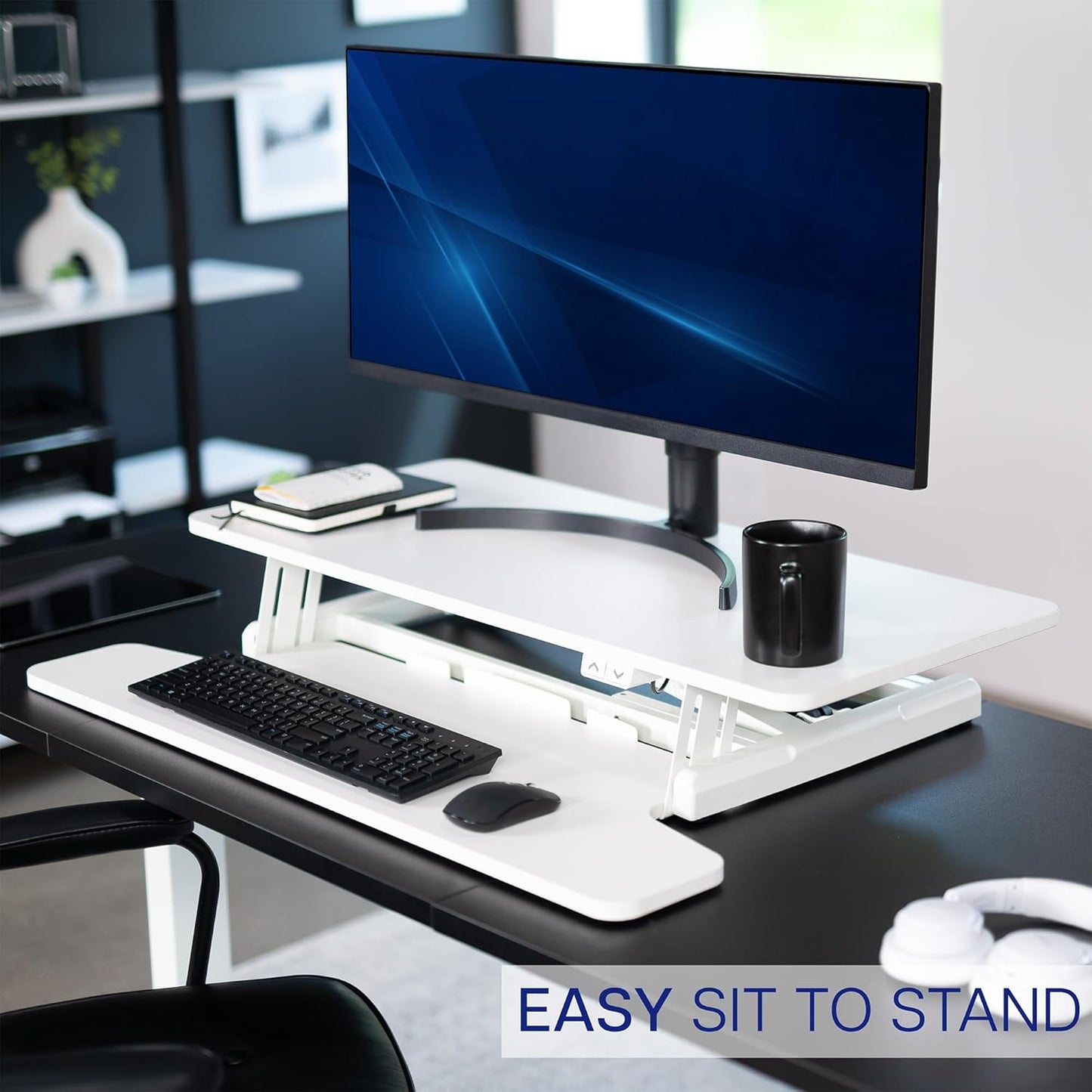 VIVO 36 inch Electric Motor Desk Converter, Height Adjustable Riser, Sit to Stand Dual Monitor and Laptop Workstation with Wide Keyboard Tray, White, DESK-VE36W