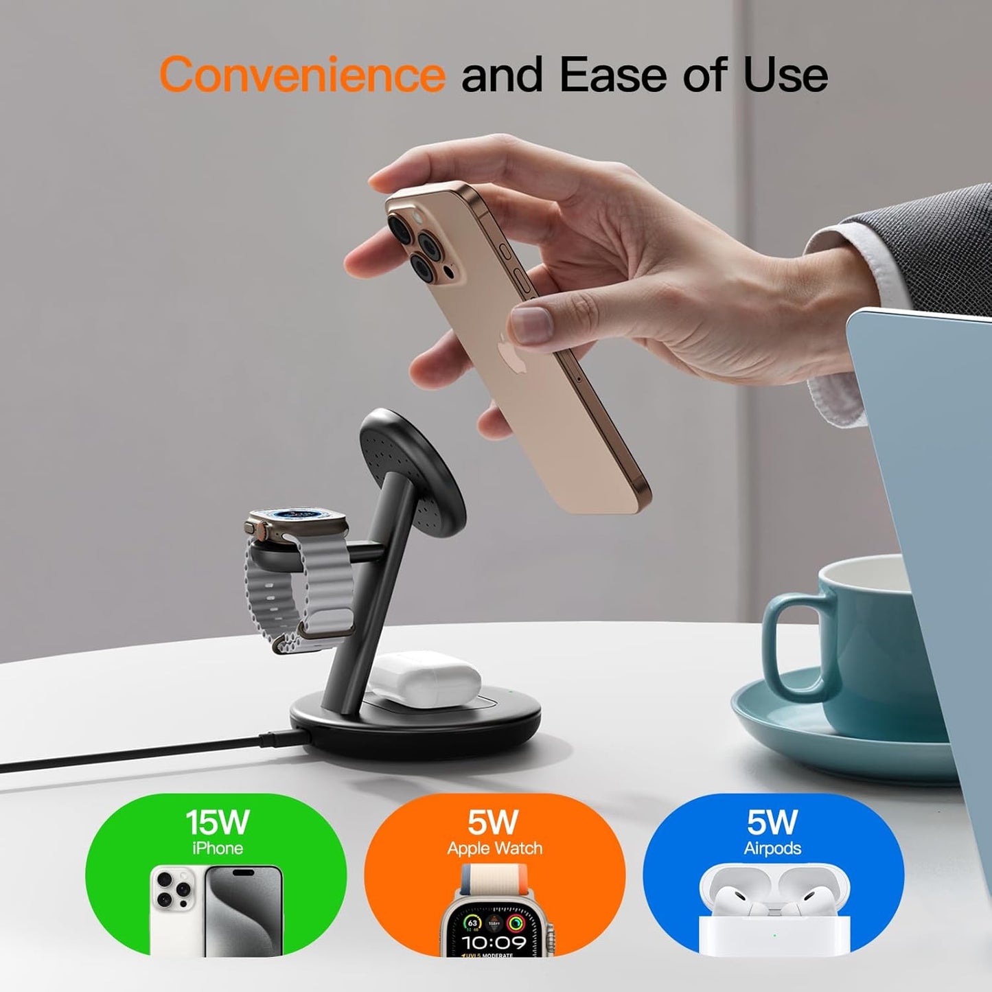 for Apple Watch 5W Fast Charger,15W • Silent •Not hot,3in1 Wireless Charging Station, Apple Mag-Safe Charger Stand,Fast Magnetic Wireless Charger Station for iPhone17-12 Series,Apple Watch Airpods