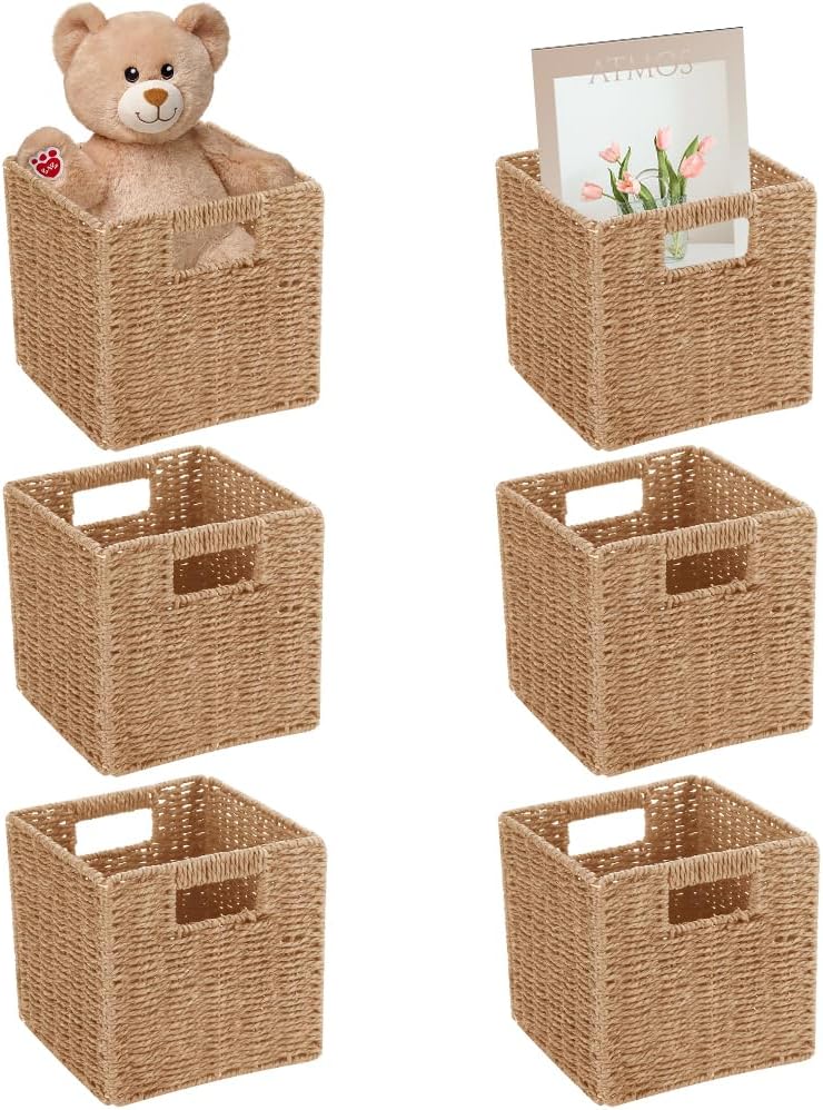 6 Pack 8.7 Inch Wicker Baskets, Hand Paper Rope Storage Baskets | Foldable Cube Storage Bins Organizer Square Wicker Cubes for Shelves Pantry Organizing & Decor