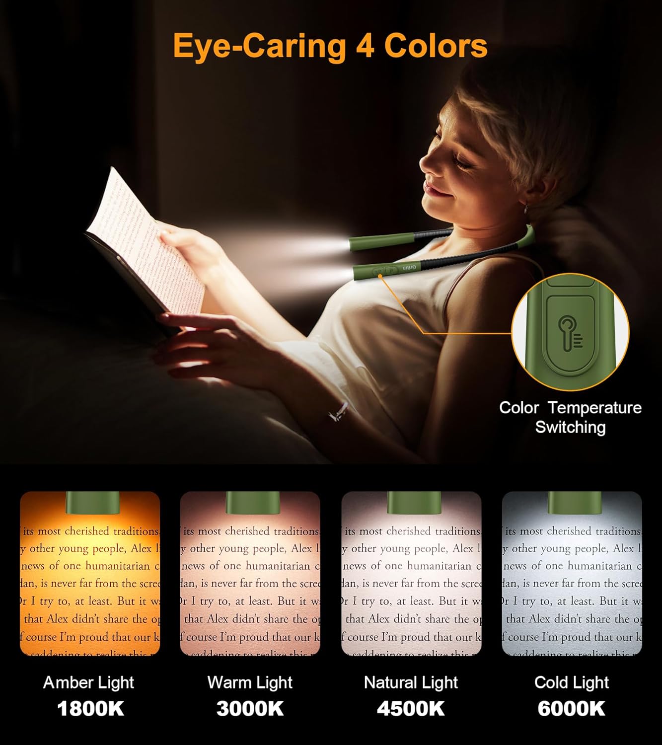 Gritin Book Light, Eye Caring 4-Color & 5-Brightness Neck Light Reading Light- Stepless Dimming,30-min Timer,80+ Hrs Runtime,Bendable Round Neck Design, Lightweight for Reading-Deep Green