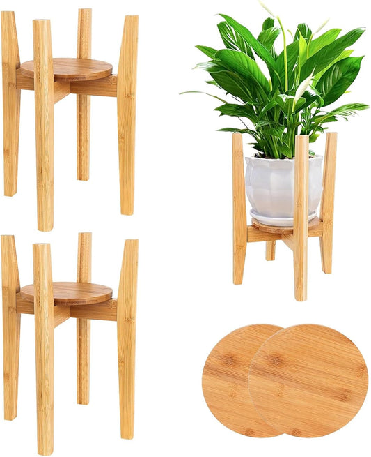 2 Packs Adjustable Plant Stand with Tray,Indoor Wood Plant Stand Fit 8'' to 12'' Planter,Mid Century Modern Flower Pot Holder Rack(Plant and Pot Not Included) Natural