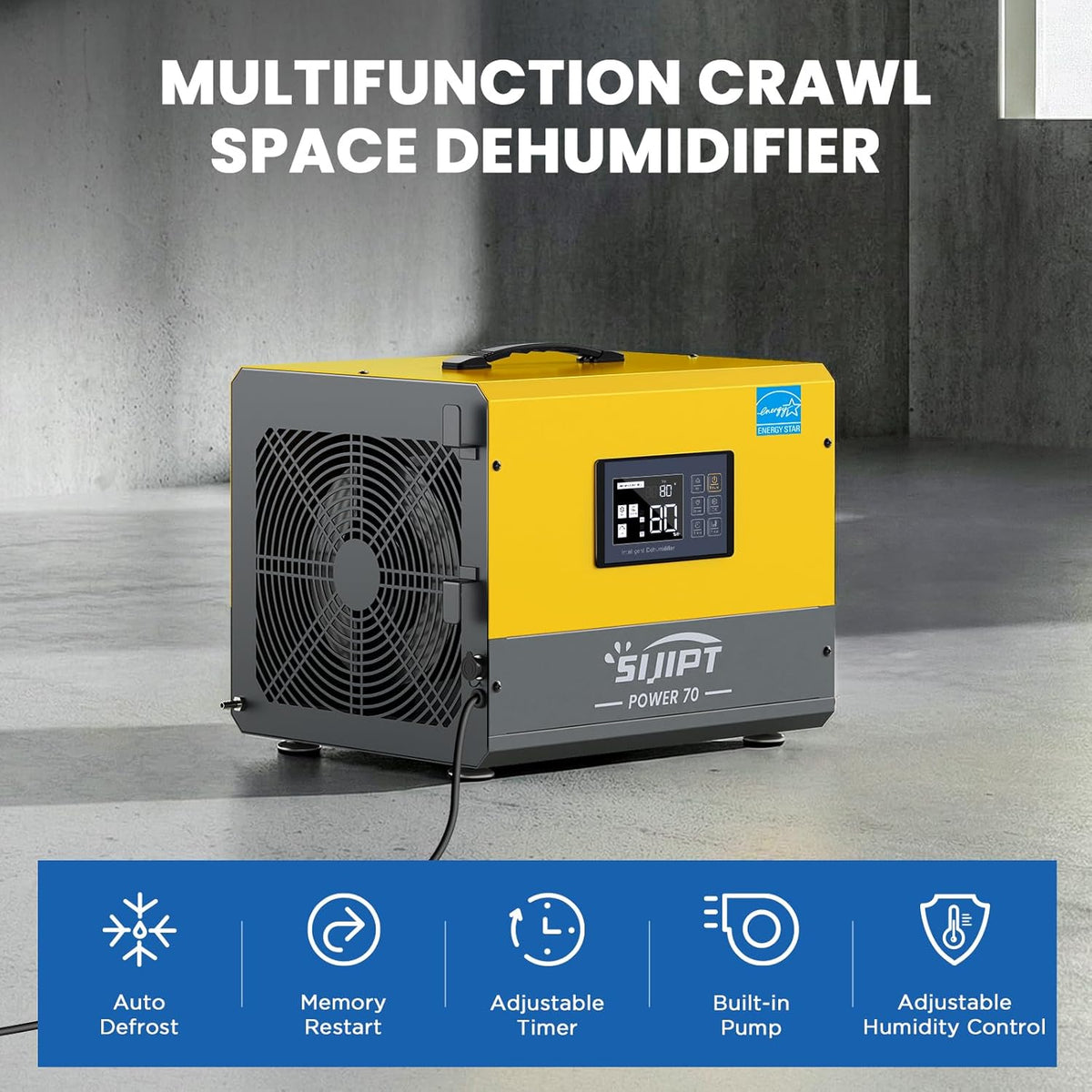 70 Pint Crawl Space Dehumidifier with Pump for 2000 Sq Ft – Energy Star Commercial for Basement, Auto Defrost, Memory Restart, Drain Hose