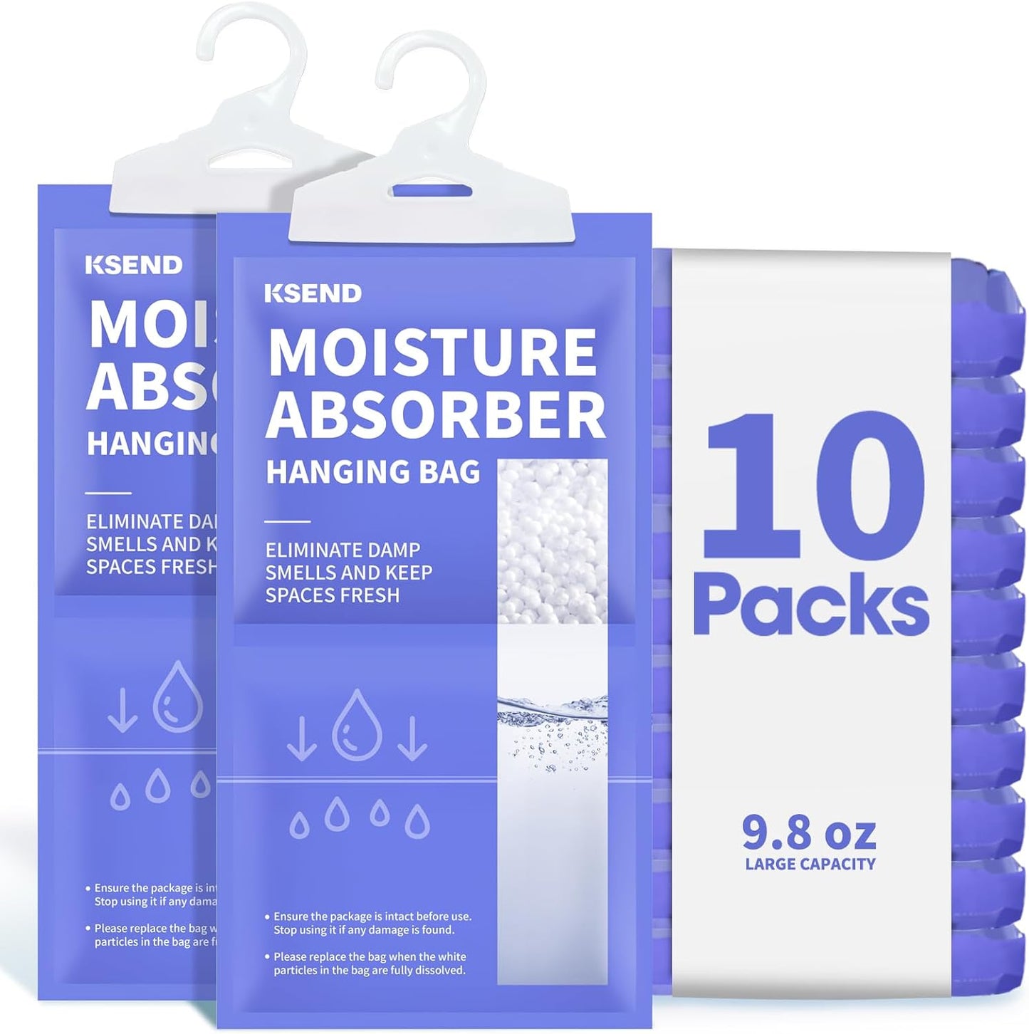 Ksend Moisture Absorbers 10 Pack, 9.8 Oz Compact Dehumidifier Bags & Packs, Moisture Hanging Bag, Humidity Absorbers, Closet Deodorizer Against Musty Odors, 11.8'' x 6.3''