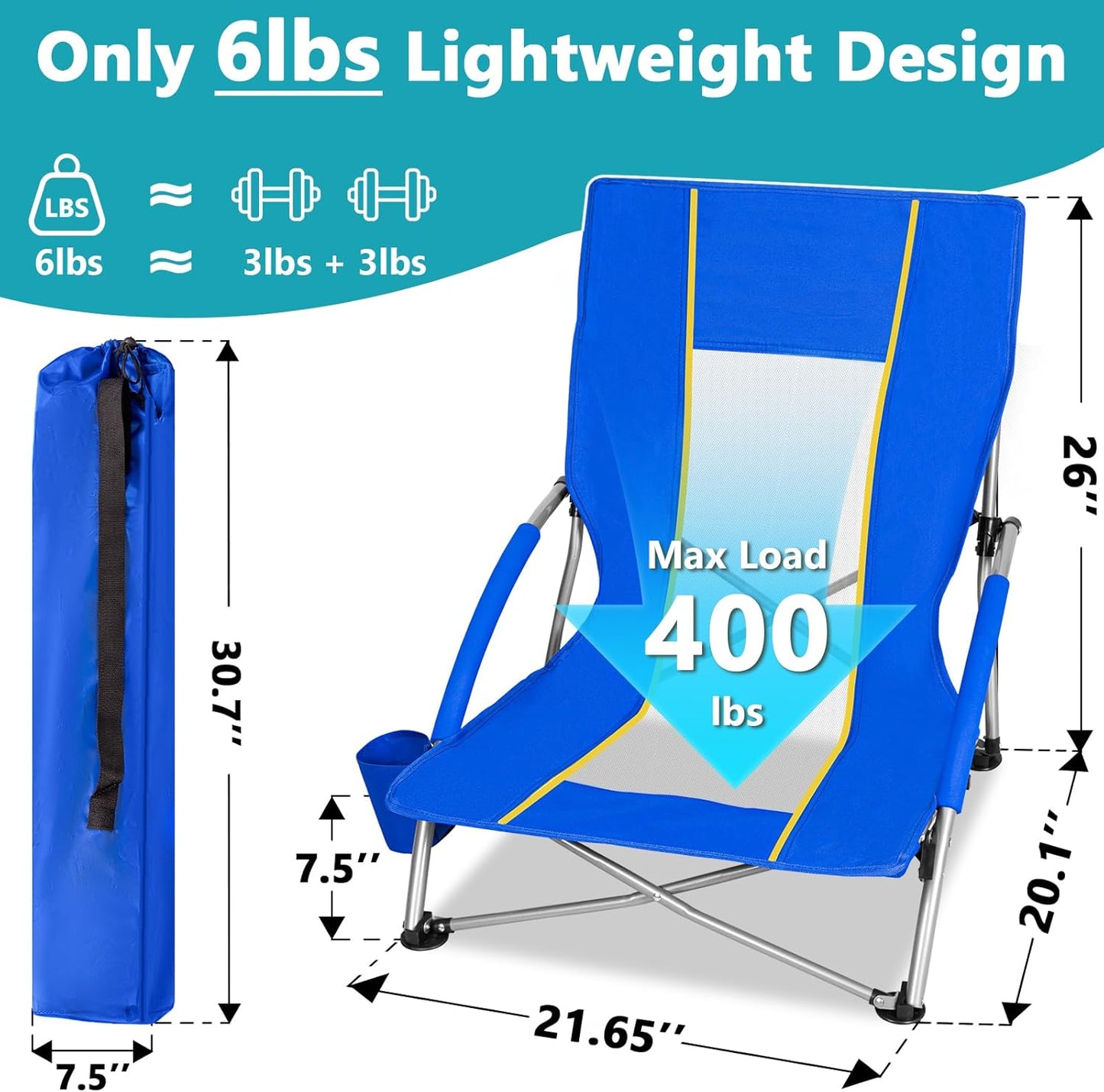 Romswi 2 Pack Lightweight Low Beach Chairs with Breathable Mesh Back, 6LBS Folding Portable Sand Chairs with Cup Holder, Heavy Duty 400lbs Capacity for Camping & Outdoor Use, Blue