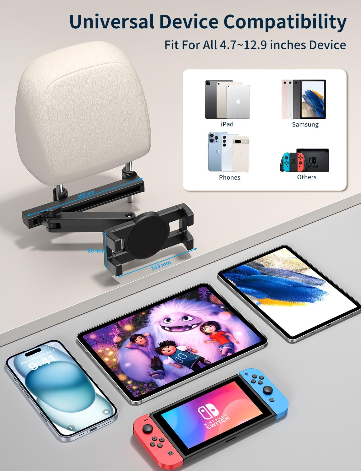 bokilino Tablet Holder for Car Headrest, [3 in 1 Adjustable Extension Arm] iPad Car Mount for Back Seat, Road Trip Essentials for Kids, for 4.7-12.9" Like iPad Pro, Air, Mini, Galaxy, Fire HD Tablet