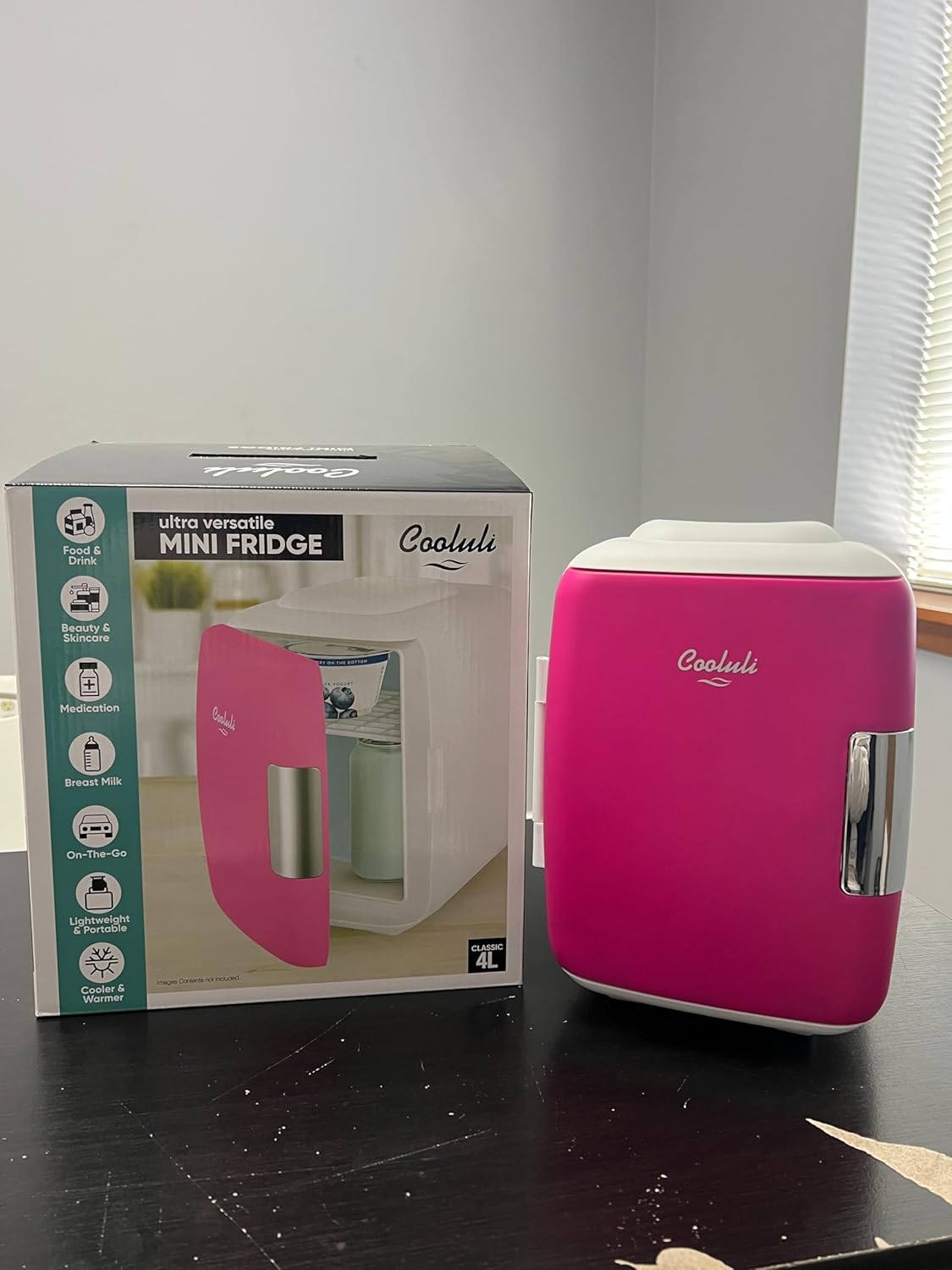 Cooluli Skincare Mini Fridge for Bedroom - Car, Office Desk & Dorm Room - Portable 4L/6 Can Electric Plug In Cooler & Warmer for Food, Drinks, Beauty & Makeup, 12v AC/DC & Exclusive USB, Fuchsia