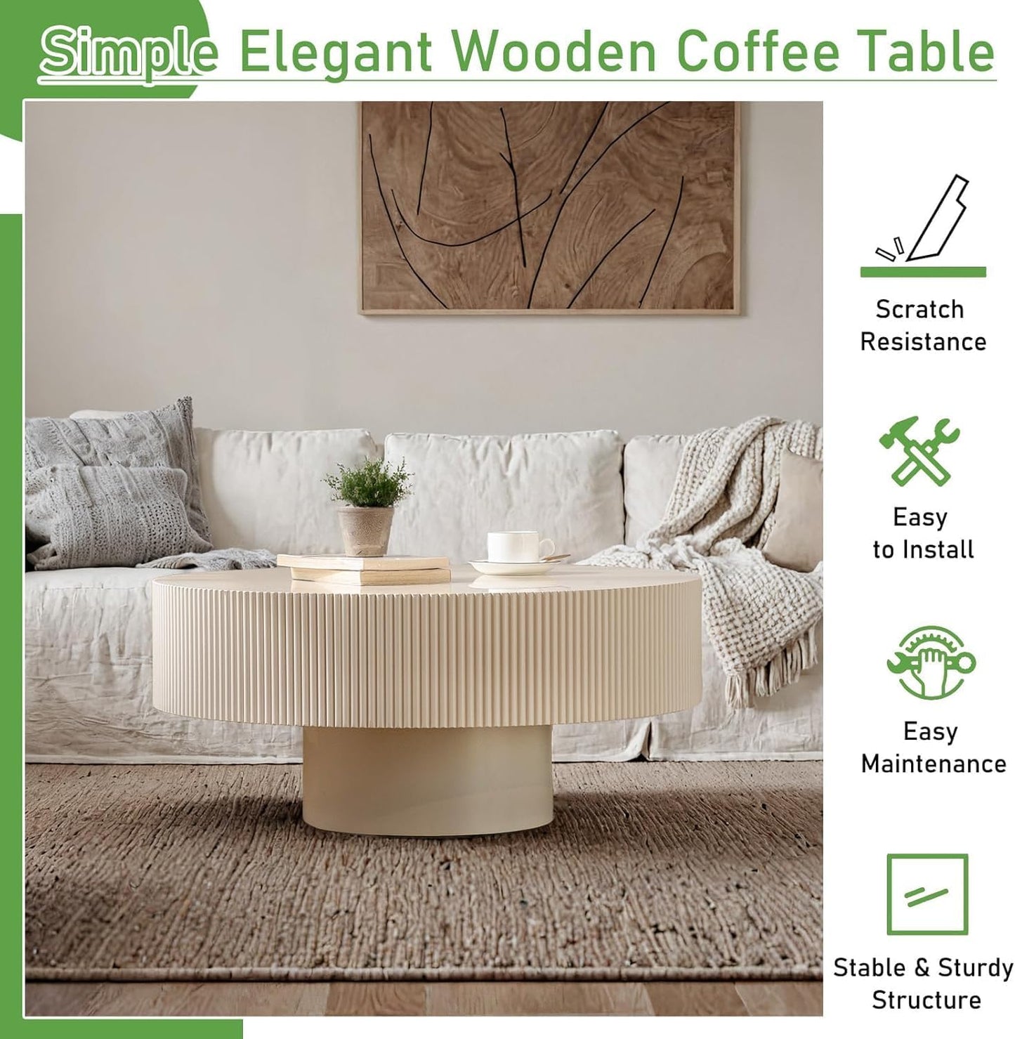 30.91'' Round Coffee Table (White Thickened) | Modern Handcraft Drum Coffee Table, Unique Fluted, Wood Center Table, For Living Room, Small Space, Farmhouse, Apartment