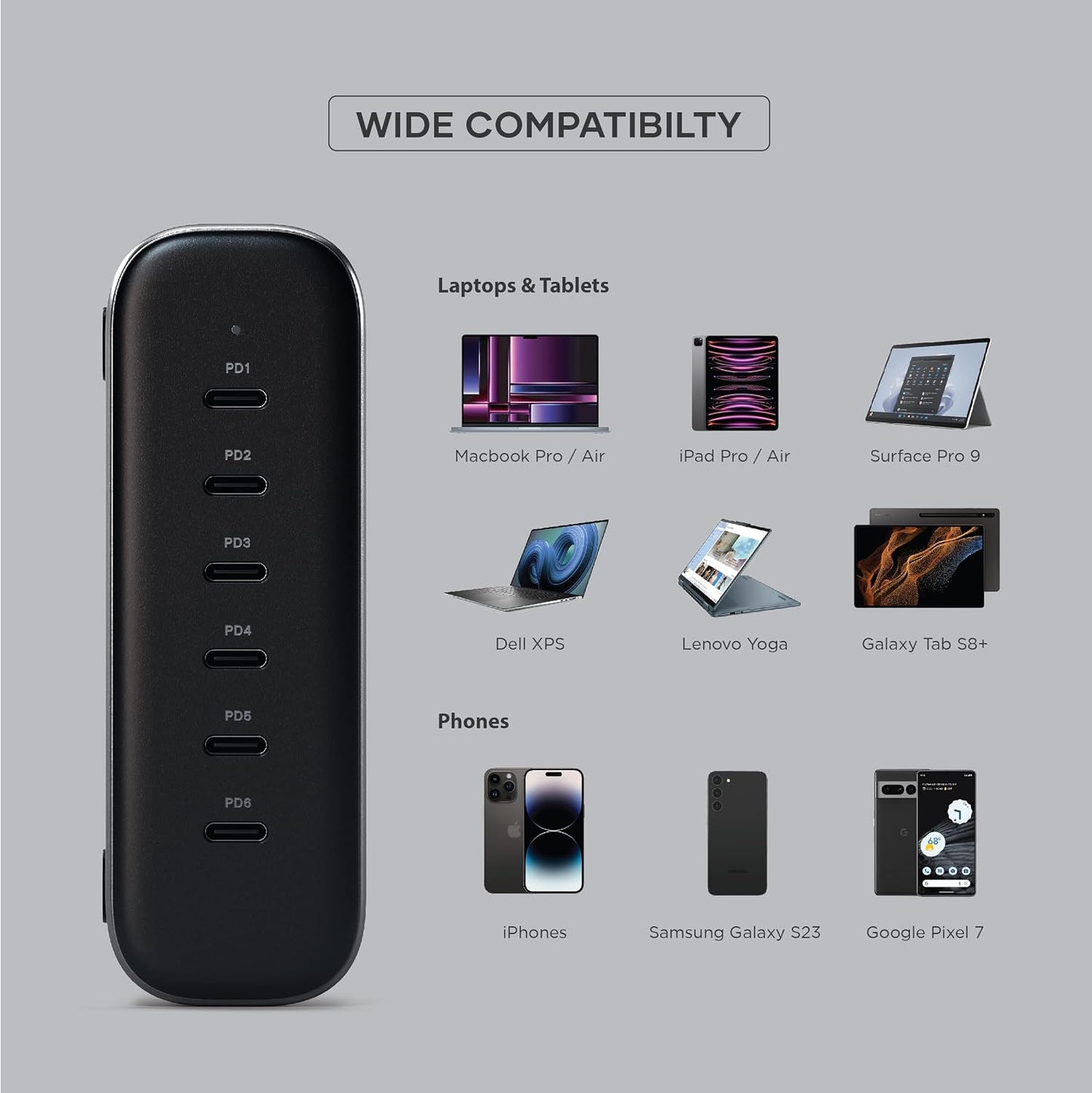 Satechi 200W 6-Port GaN Charging Station, Fast Charging | 2 140W and 4 USB-C outputs, compatible with MacBook Air/Pro/Neo, iPad Air/Pro, iPhone 17, Thunderbolt devices